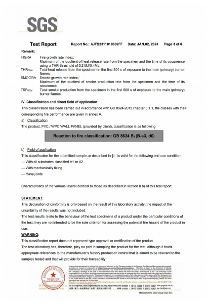 SGS test report page documenting PVC wall panel fire testing under GB 8624-2012