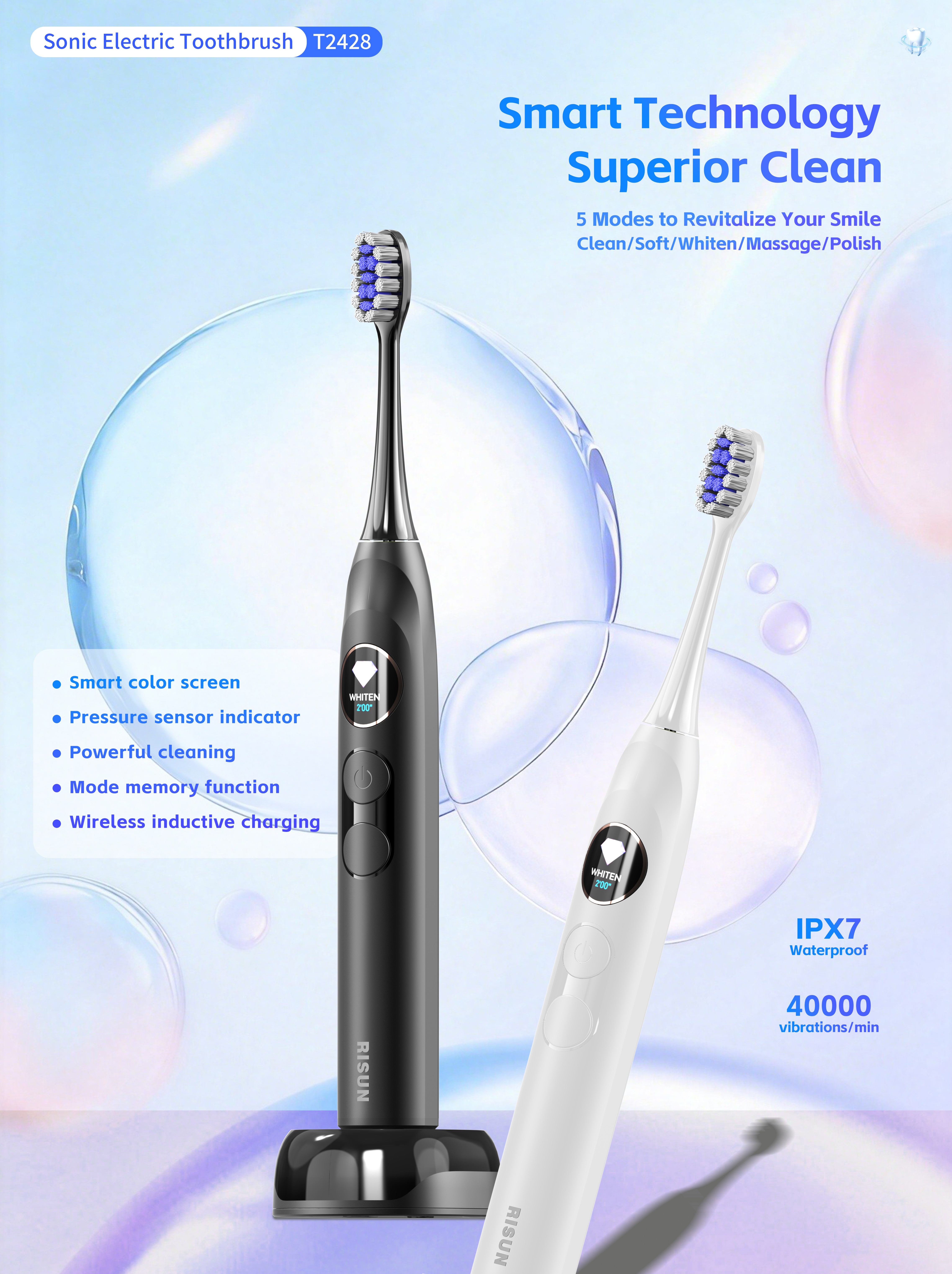 Risuntech T2428 sonic electric toothbrush shown in a daily home oral care application