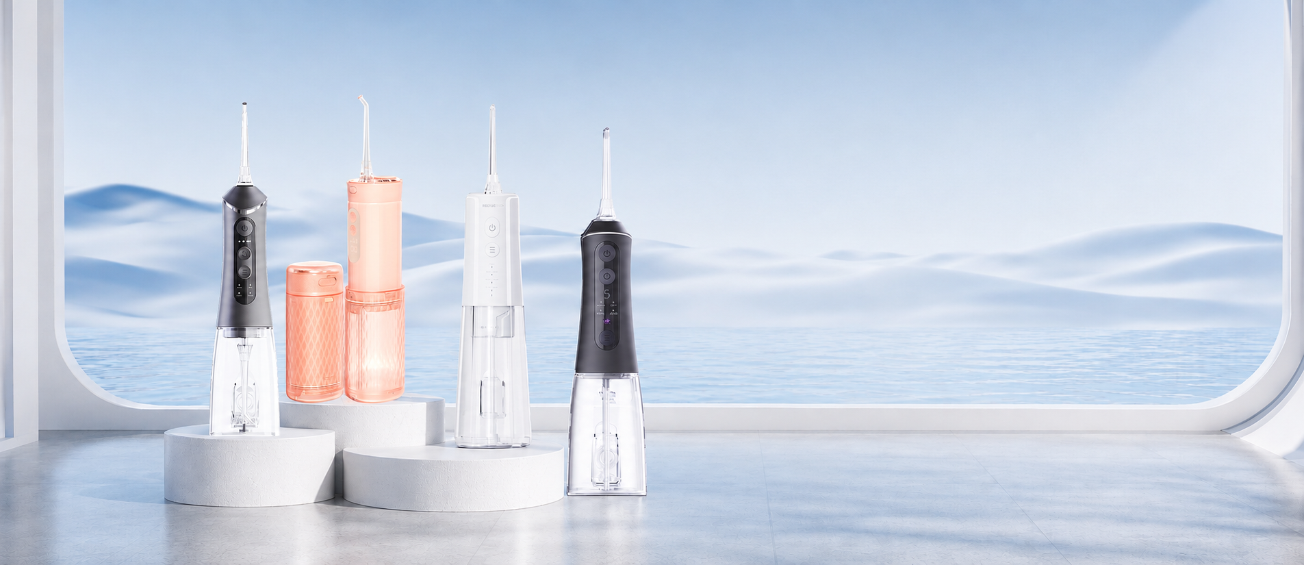 Multiple cordless and countertop water flosser models shown together for OEM and ODM oral care device programs