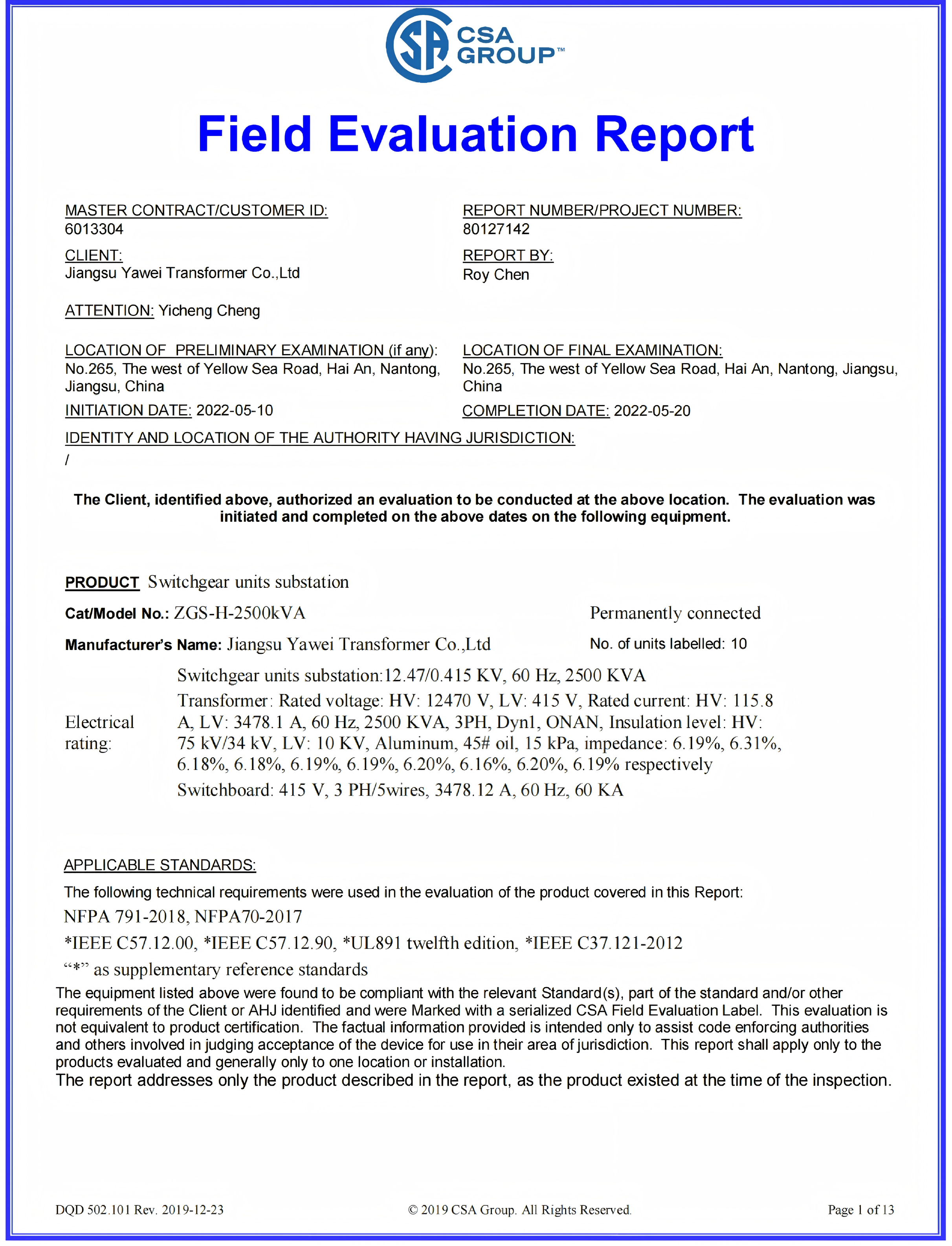 CSA Field Evaluation Report