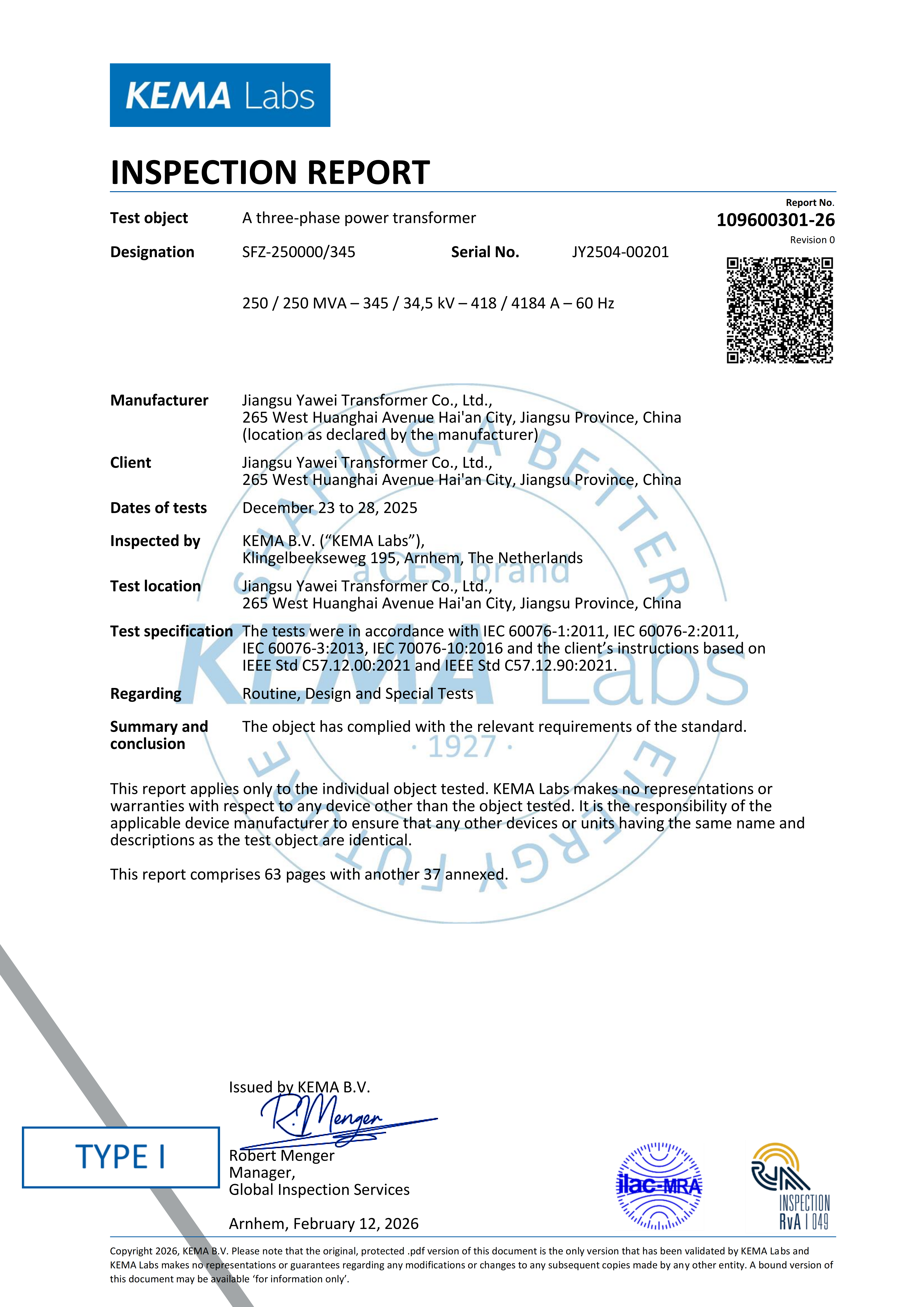 KEMA type test report page for a three-phase oil-immersed power transformer