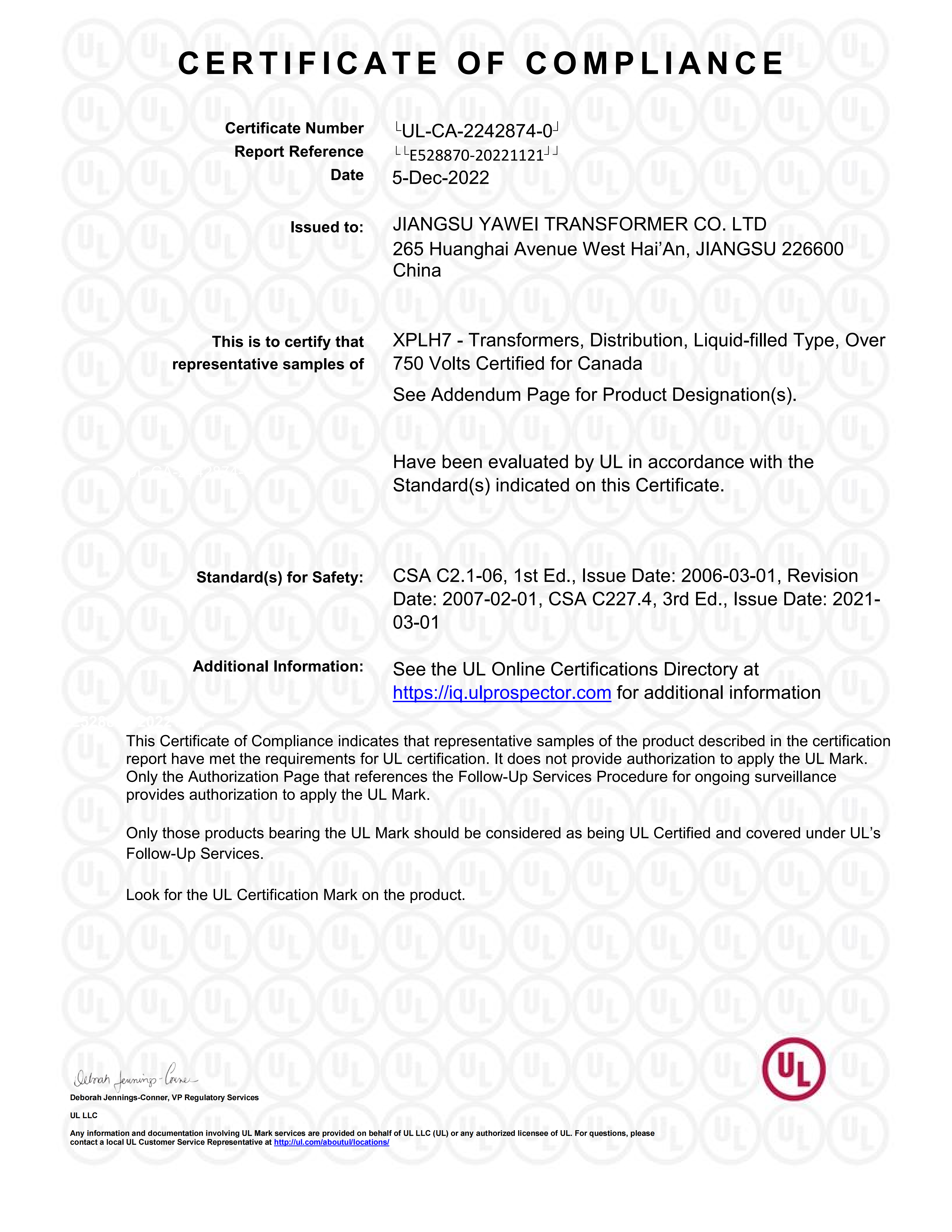 UL/CSA Certification (Liquid-Immersed Distribution Transformer)