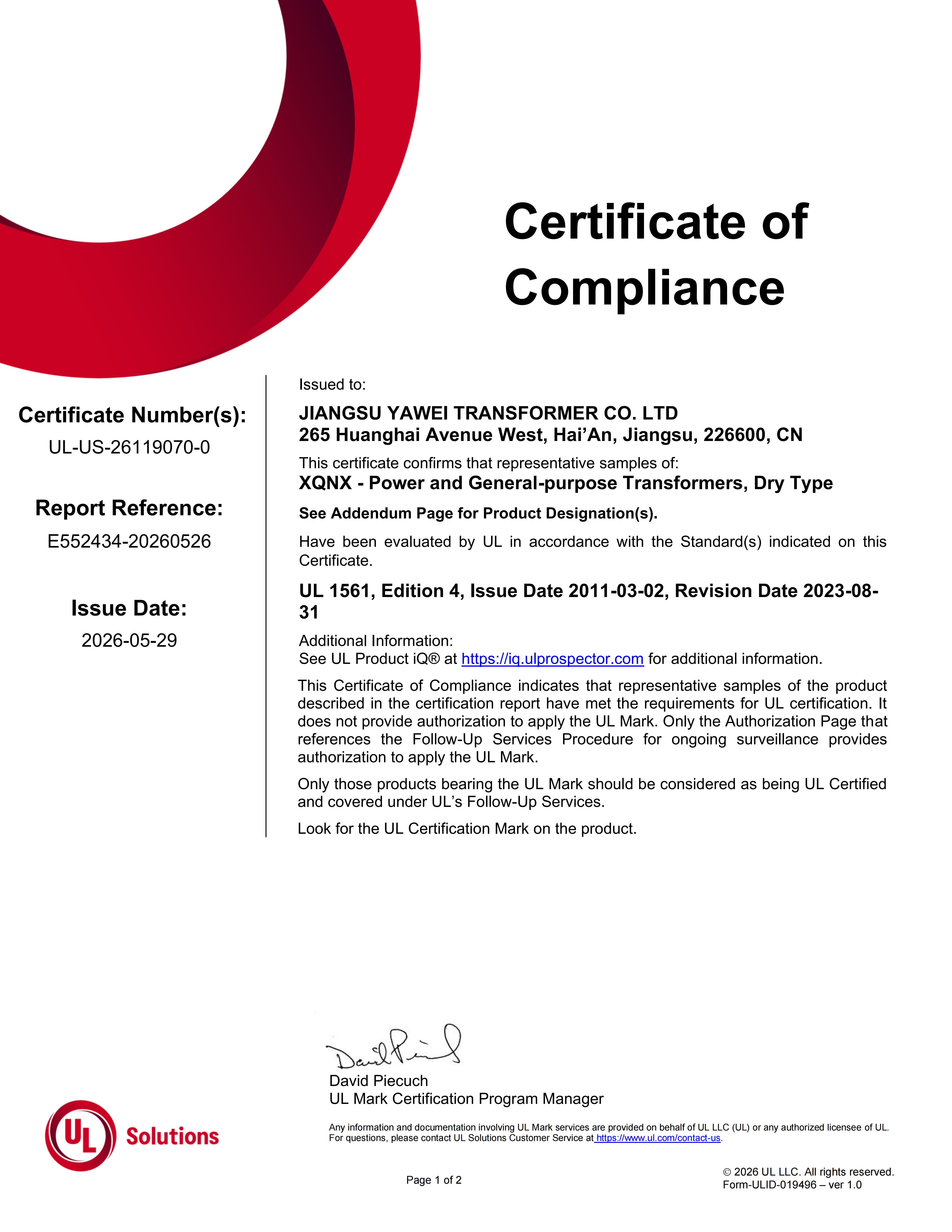 UL dry-type transformer compliance certificate for the United States and Canada, certificate UL-US-26119070-0