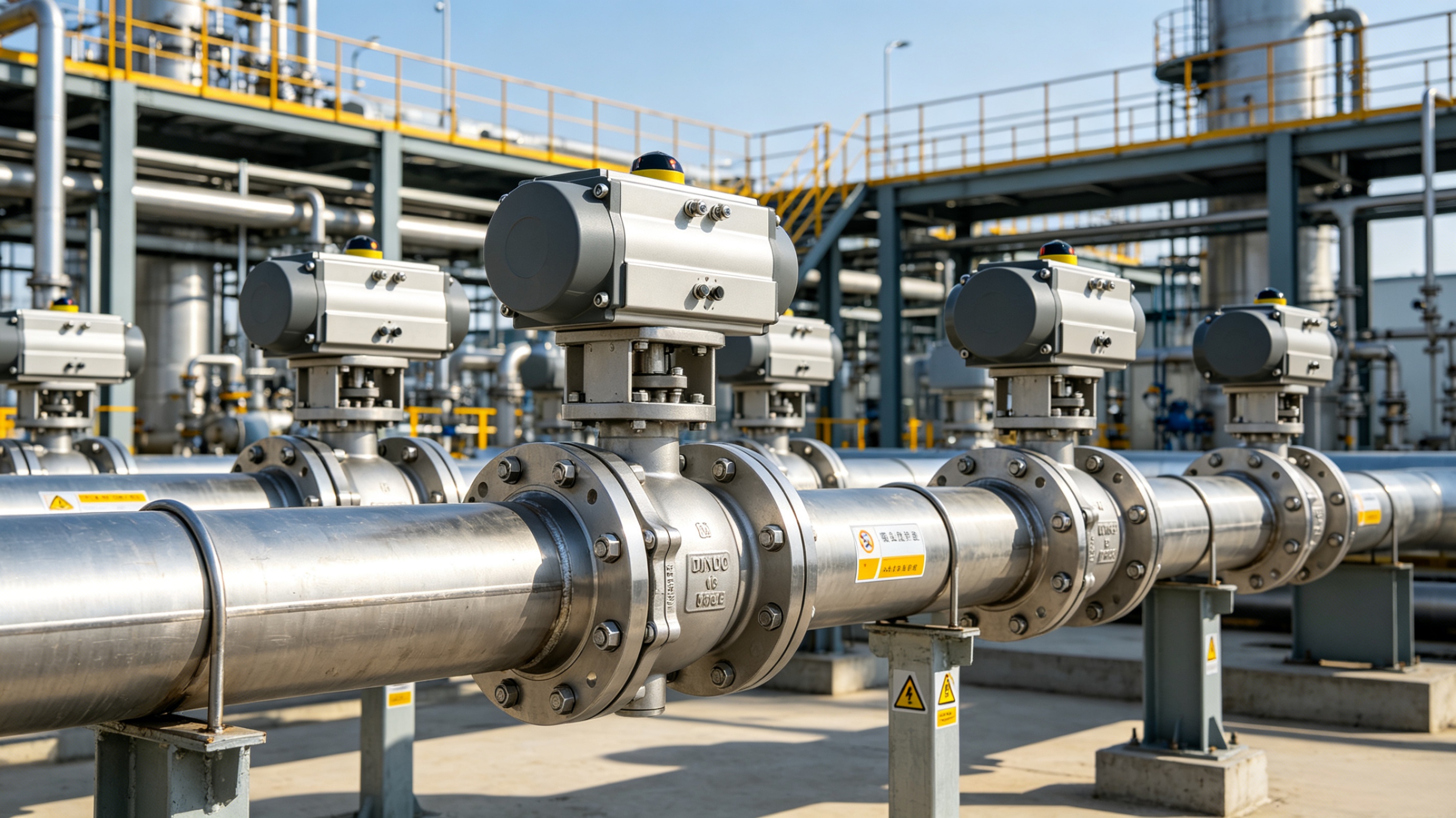 Pneumatic ball valve mounted on an industrial pipeline rack for remote on-off control in oil and gas and petrochemical service