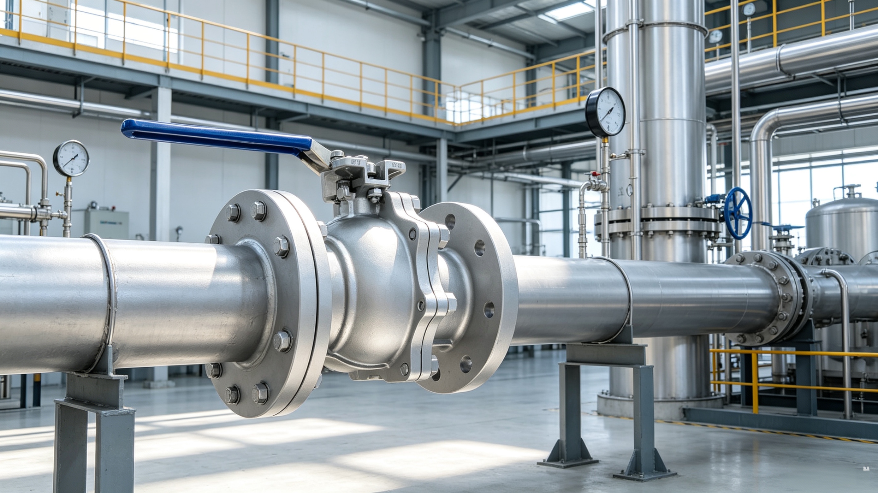 Stainless steel ball valve installed in an industrial process piping line