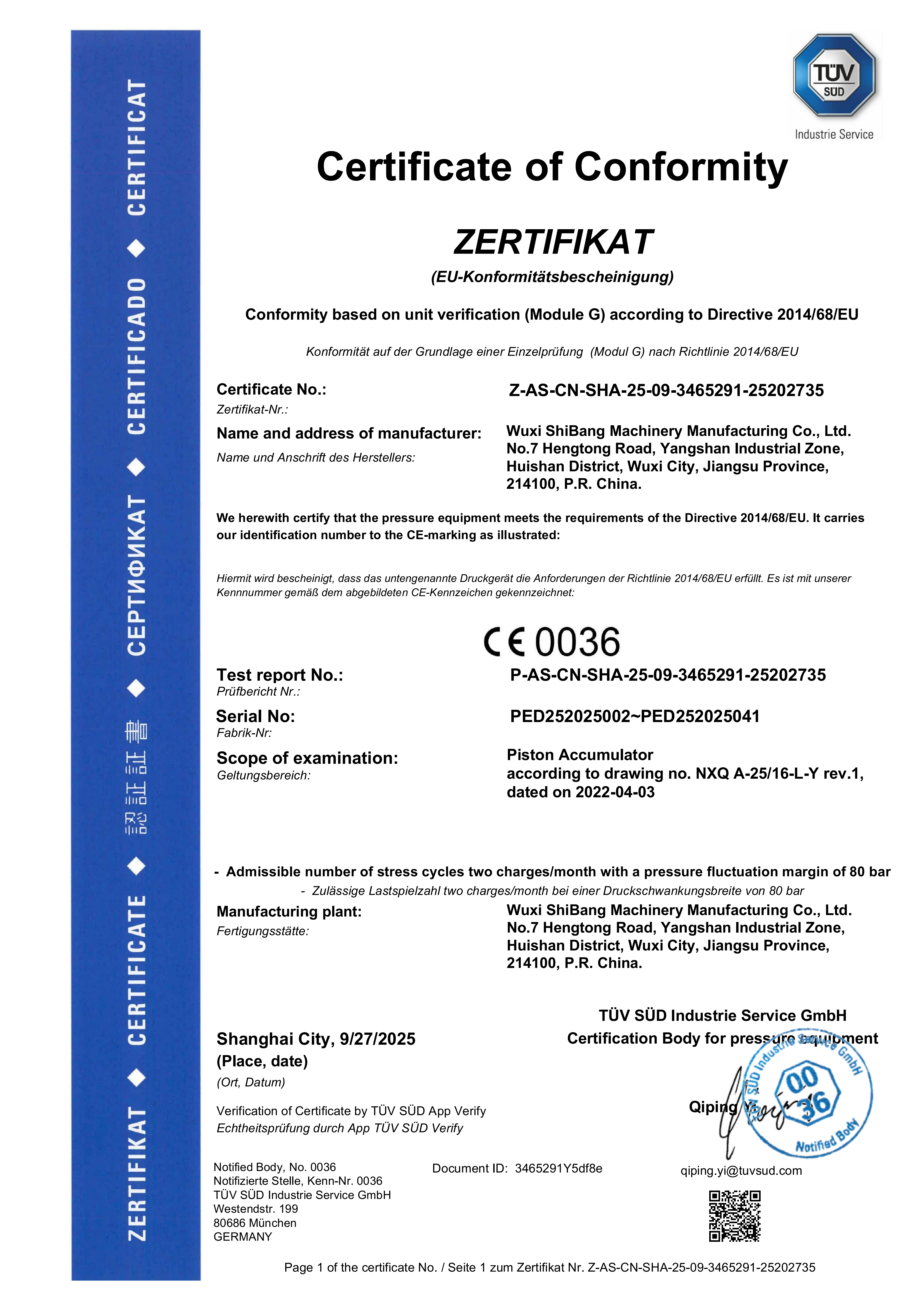 CE Pressure Equipment Certificate of Conformity (PED Module G - 10/16)