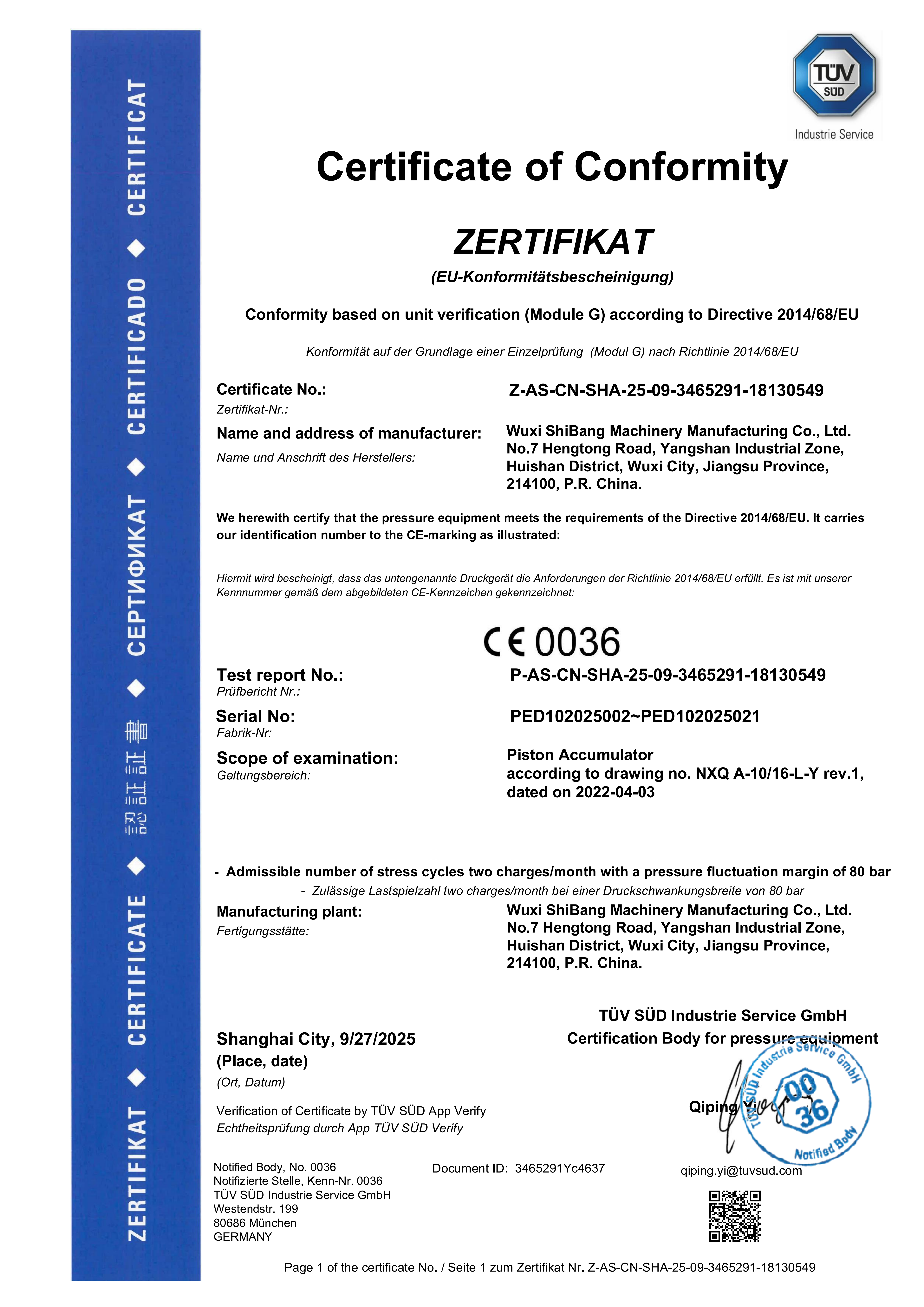 CE Pressure Equipment Certificate of Conformity (PED Module G - 25/16)