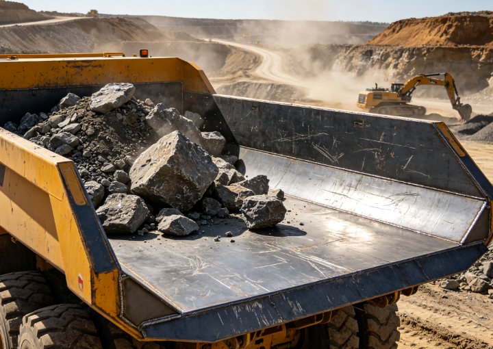 Mining haul truck body liner application using 500 HBW abrasion resistant steel plate