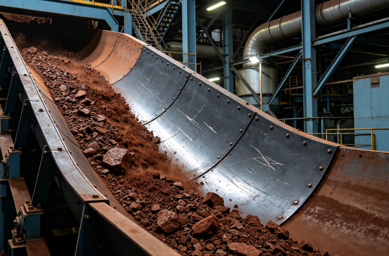 Ore chute wear lining in a metallurgical plant using abrasion resistant steel plate