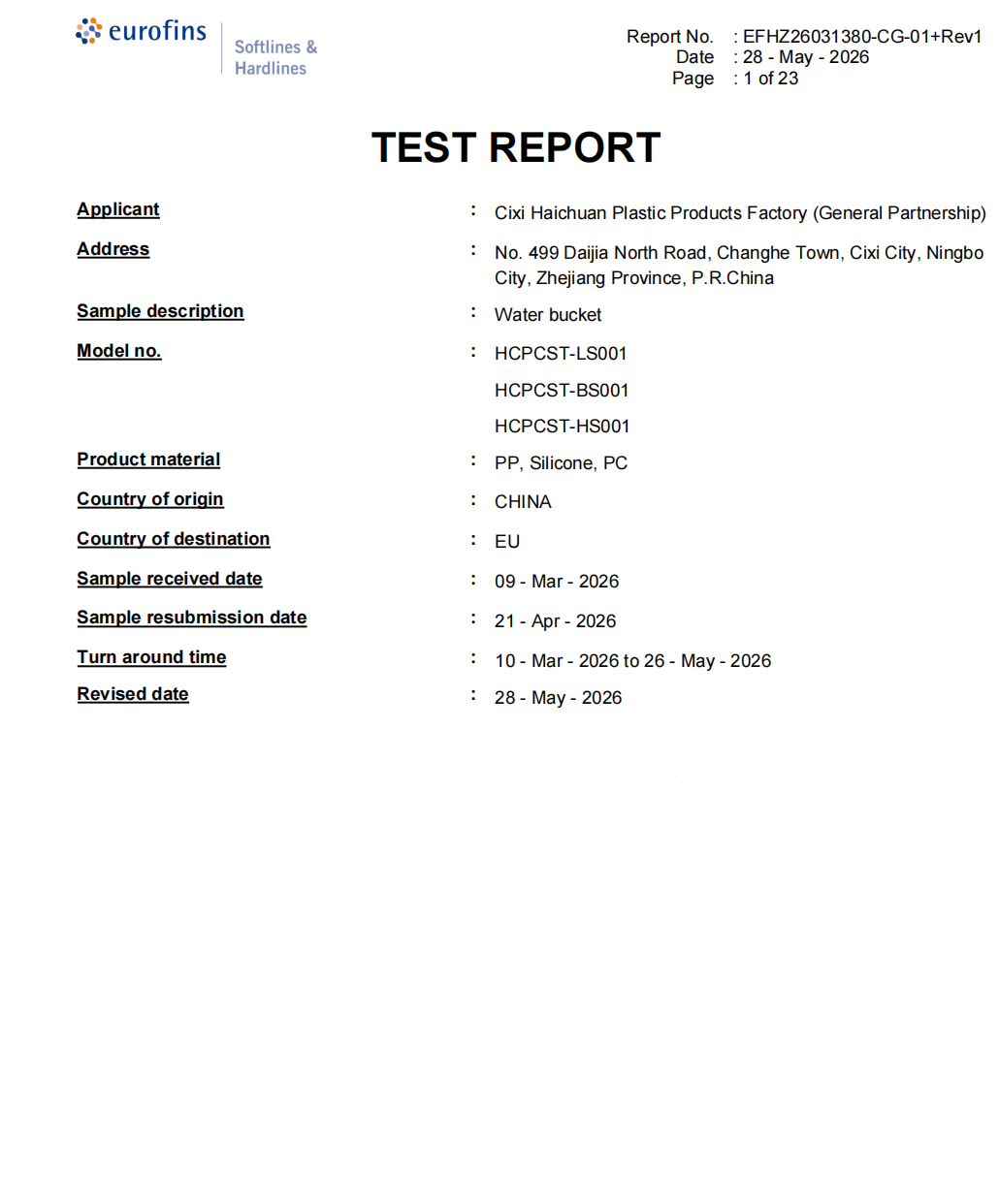 LFGB Food Contact Material Test Report
