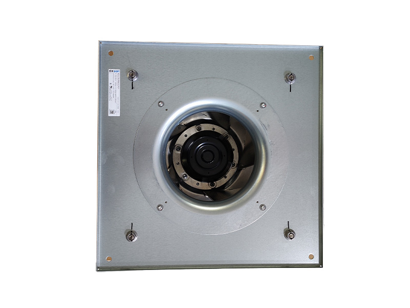 Compact 310 mm RadiPac EC centrifugal fan module with aluminium impeller, die-cast aluminium electronics housing and IP55 protection for in-row cooling cabinets