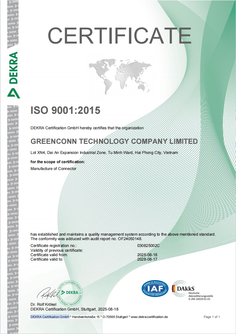 Quality management system certificate supporting connector manufacture