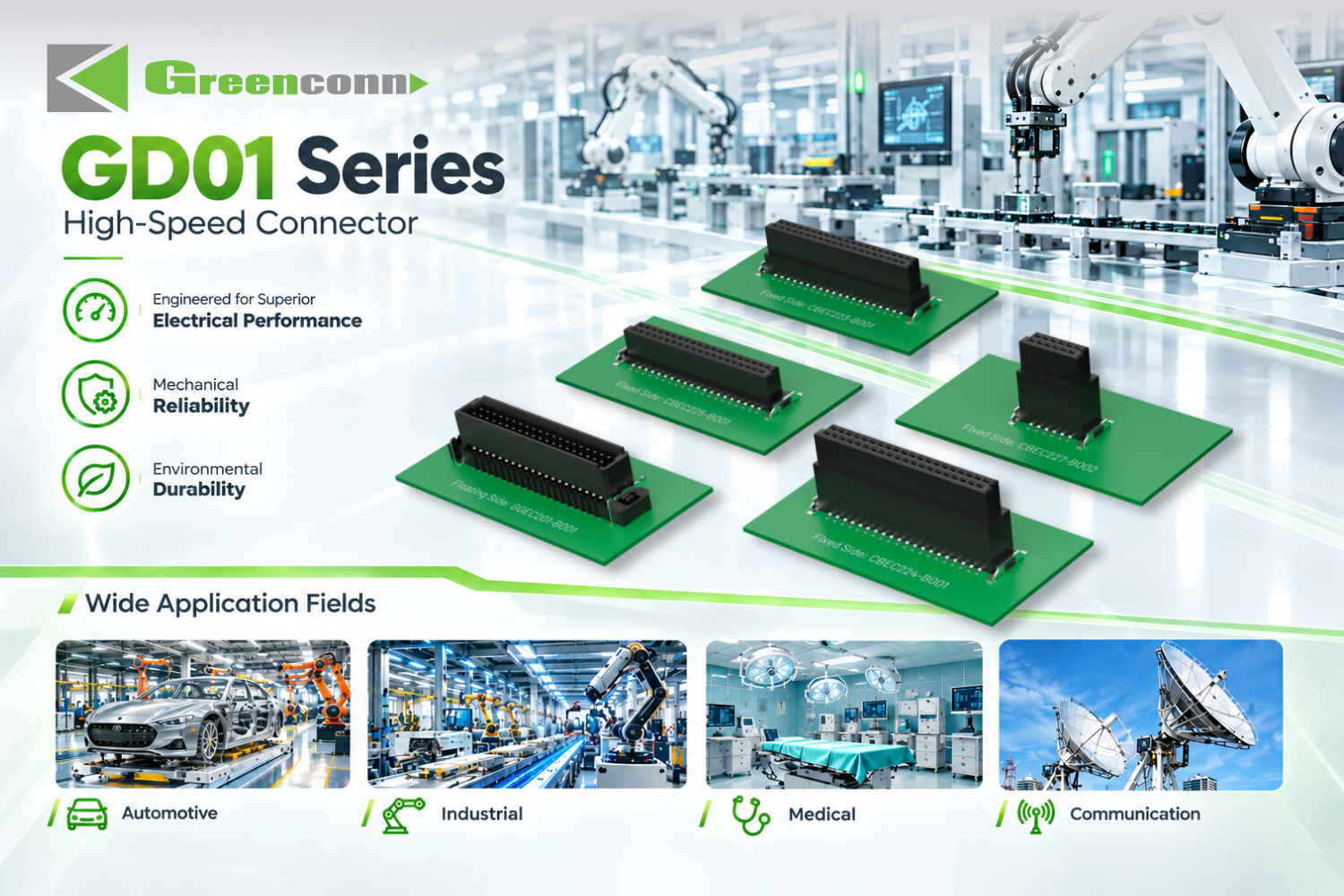 Greenconn GD01 1.27 mm pitch high-speed floating board-to-board connector