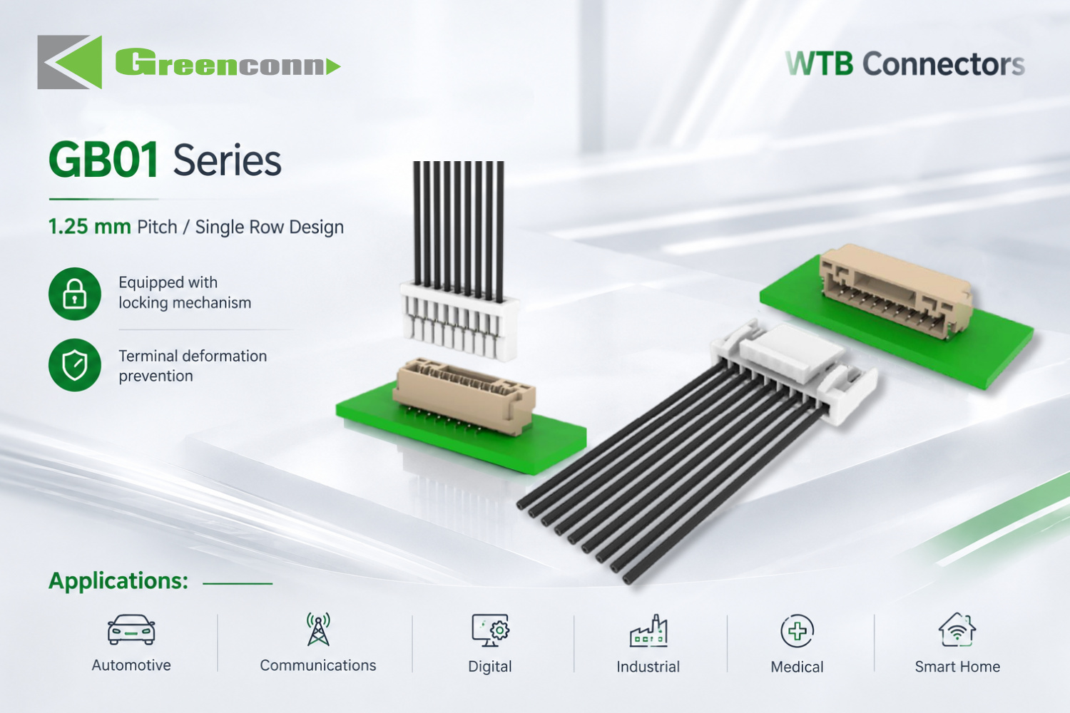 Greenconn GB01 series 1.25 mm pitch wire-to-board wafer connector in horizontal and vertical versions