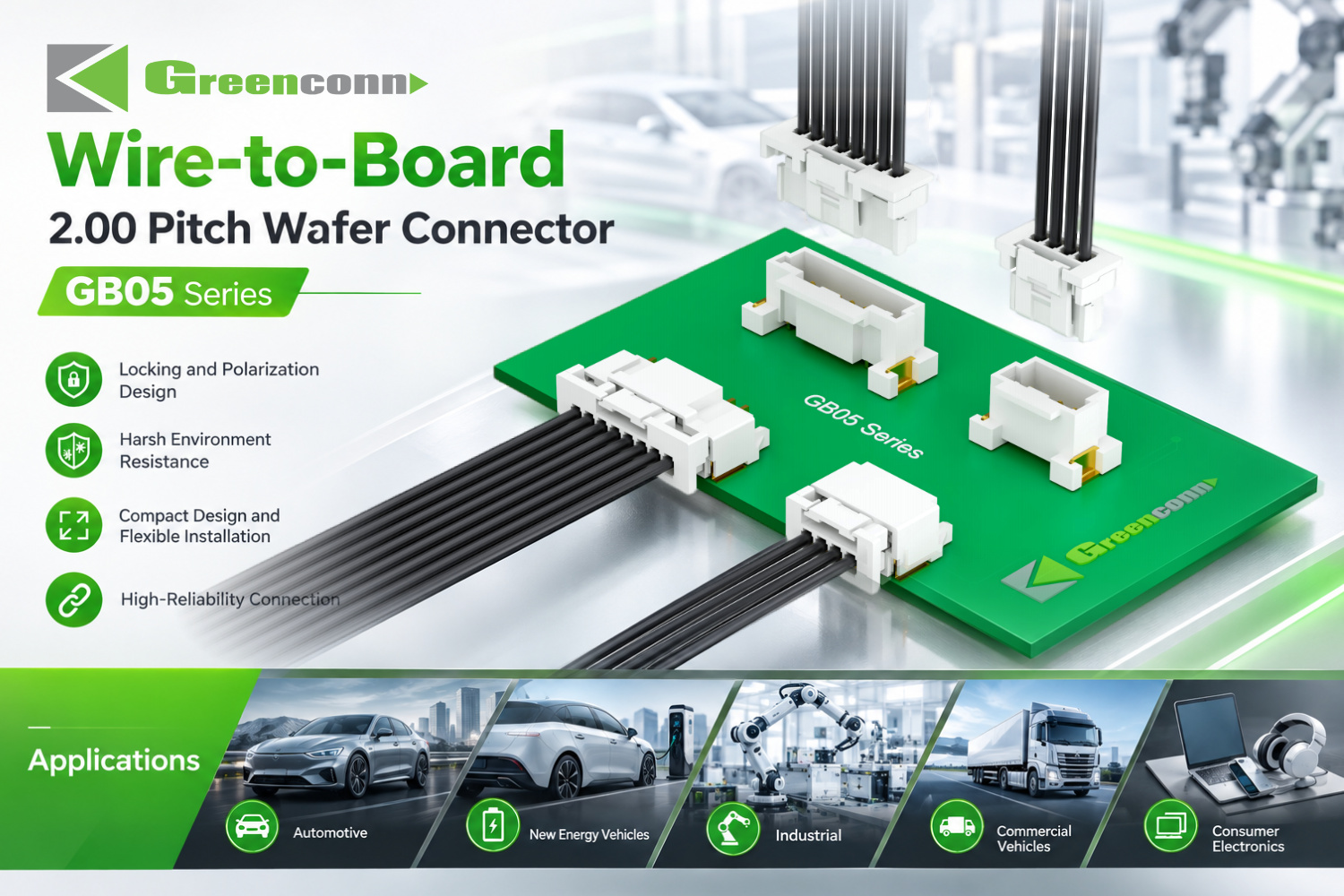 Greenconn GB05 series 2.00 mm pitch wire-to-board wafer connector with locking and polarisation design