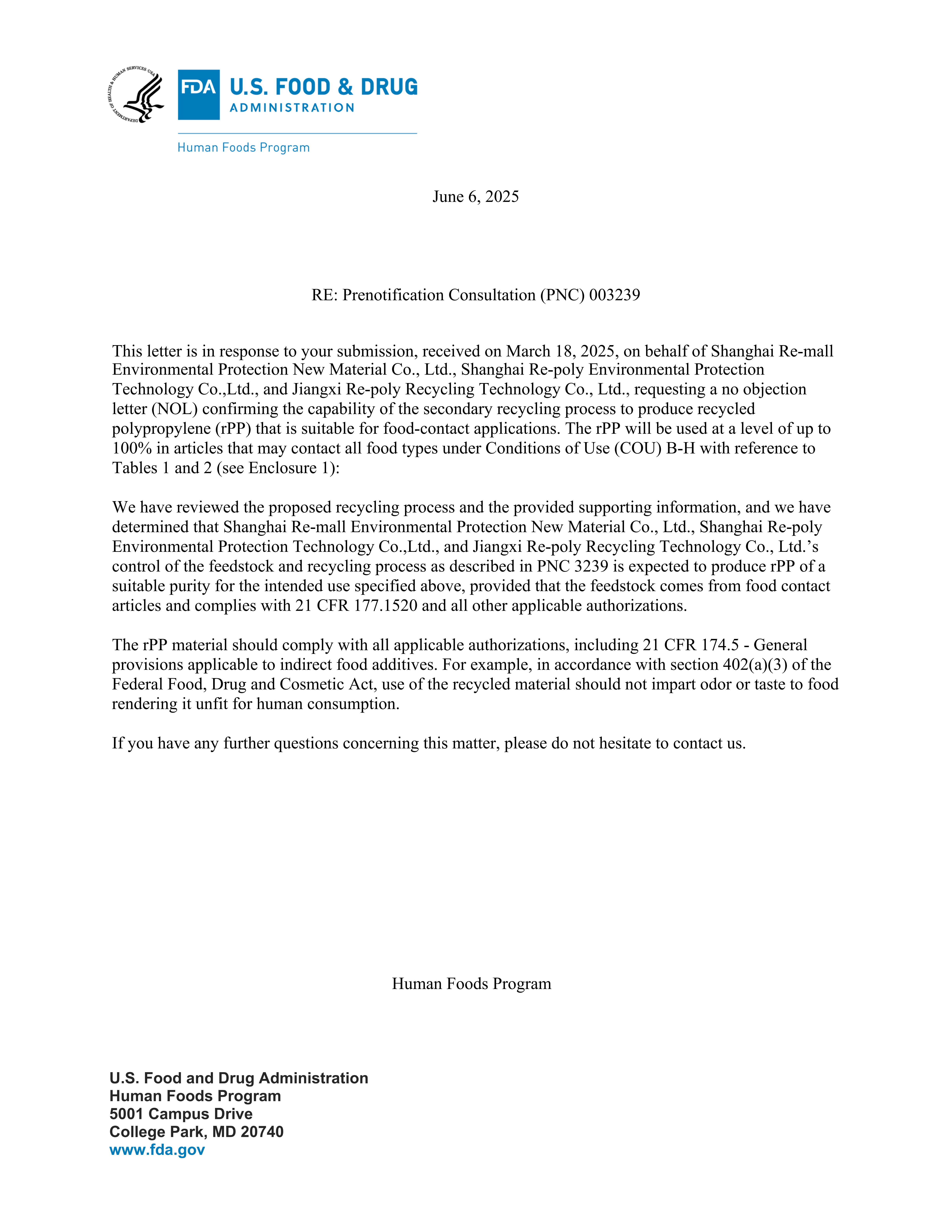 FDA No Objection Letter
