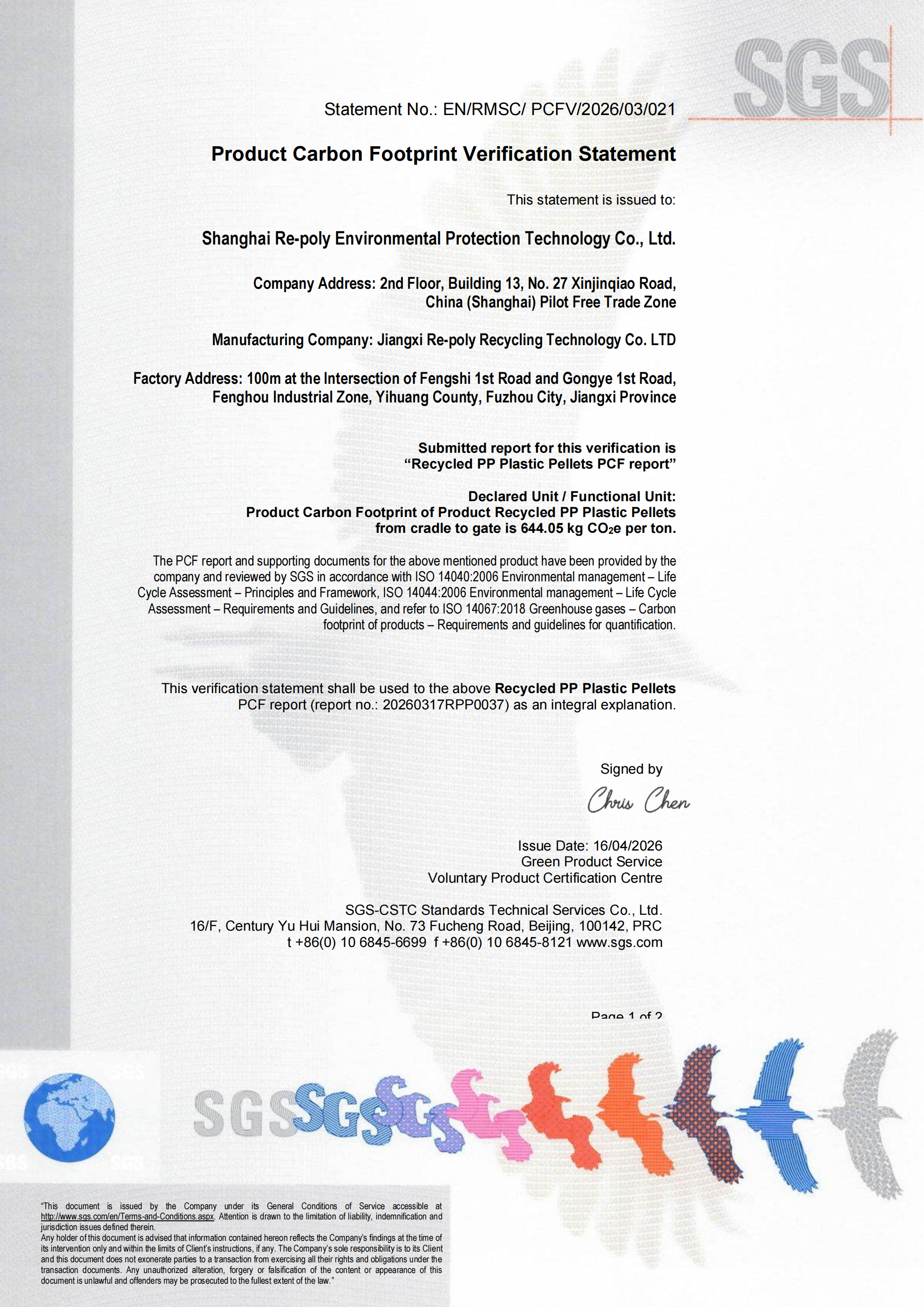 PCR-PP Product Carbon Footprint Verification Statement PCR-PP product carbon footprint verification statement prepared under ISO 14067
