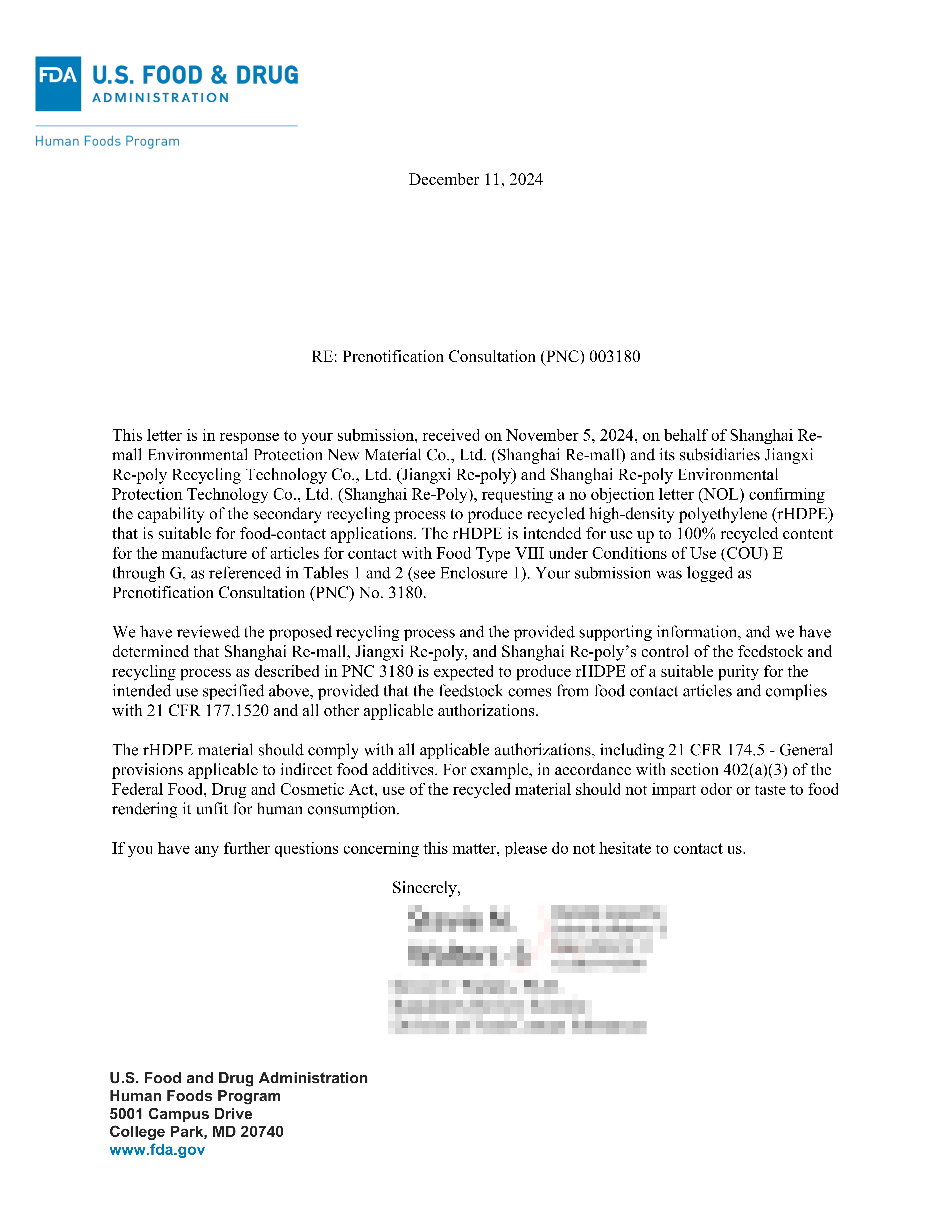FDA No Objection Letter