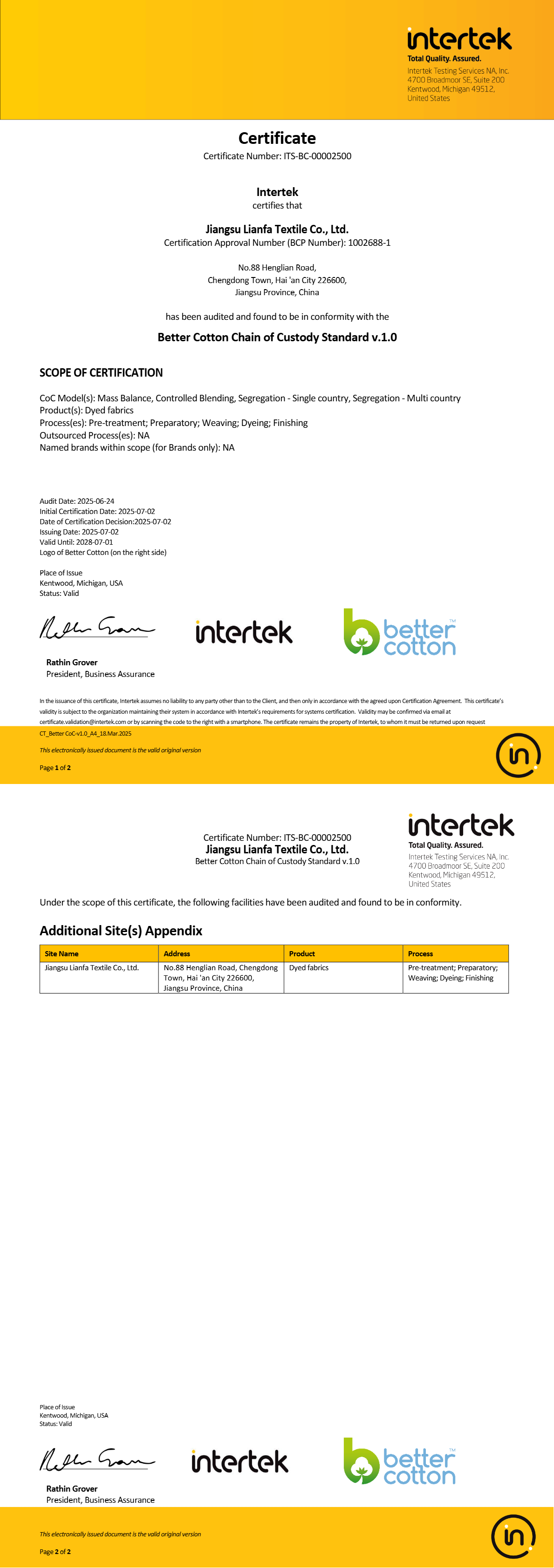 Better Cotton Chain of Custody Standard v1.0