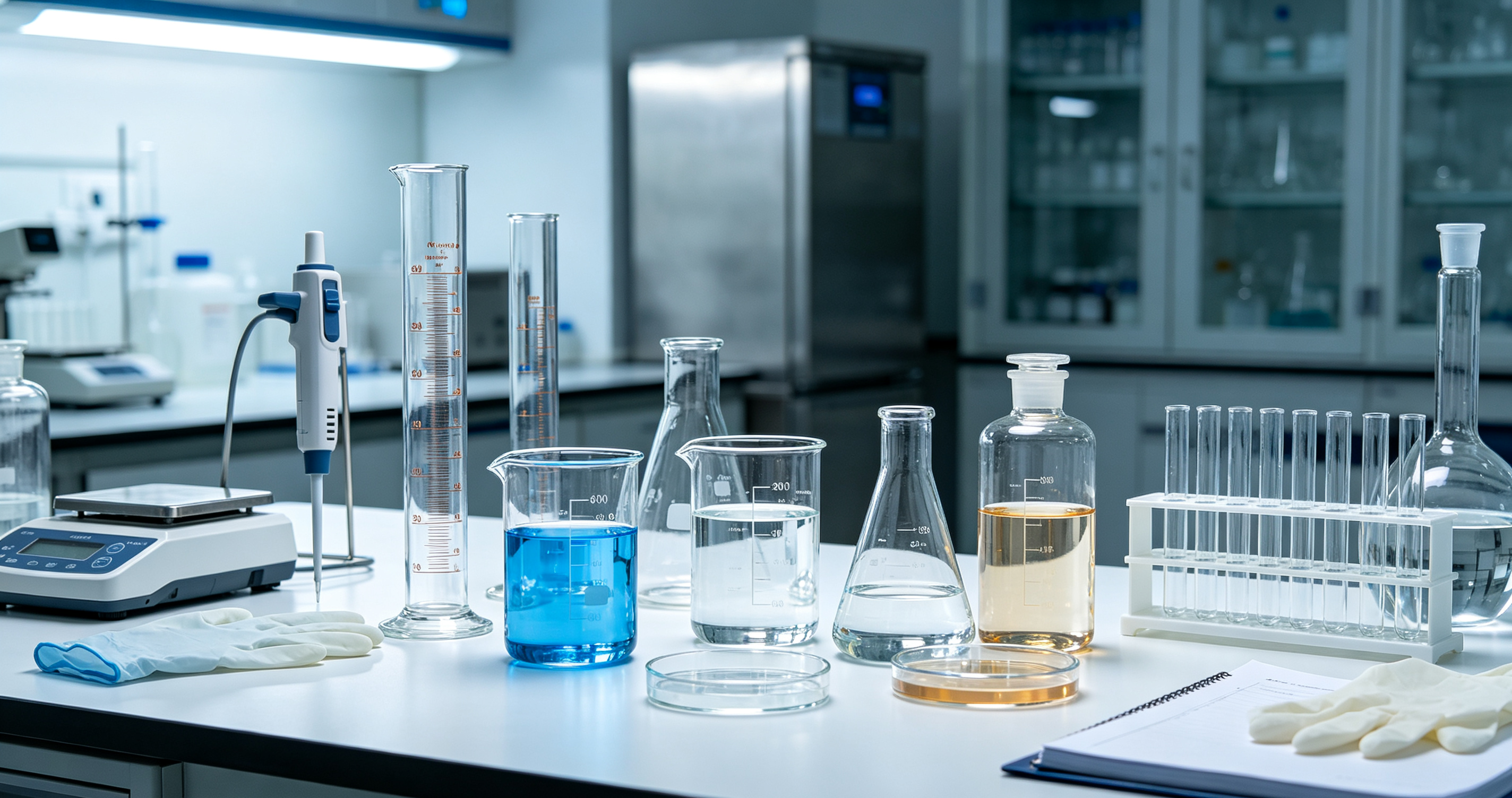 Borosilicate laboratory glassware range including beakers, flasks and reagent bottles