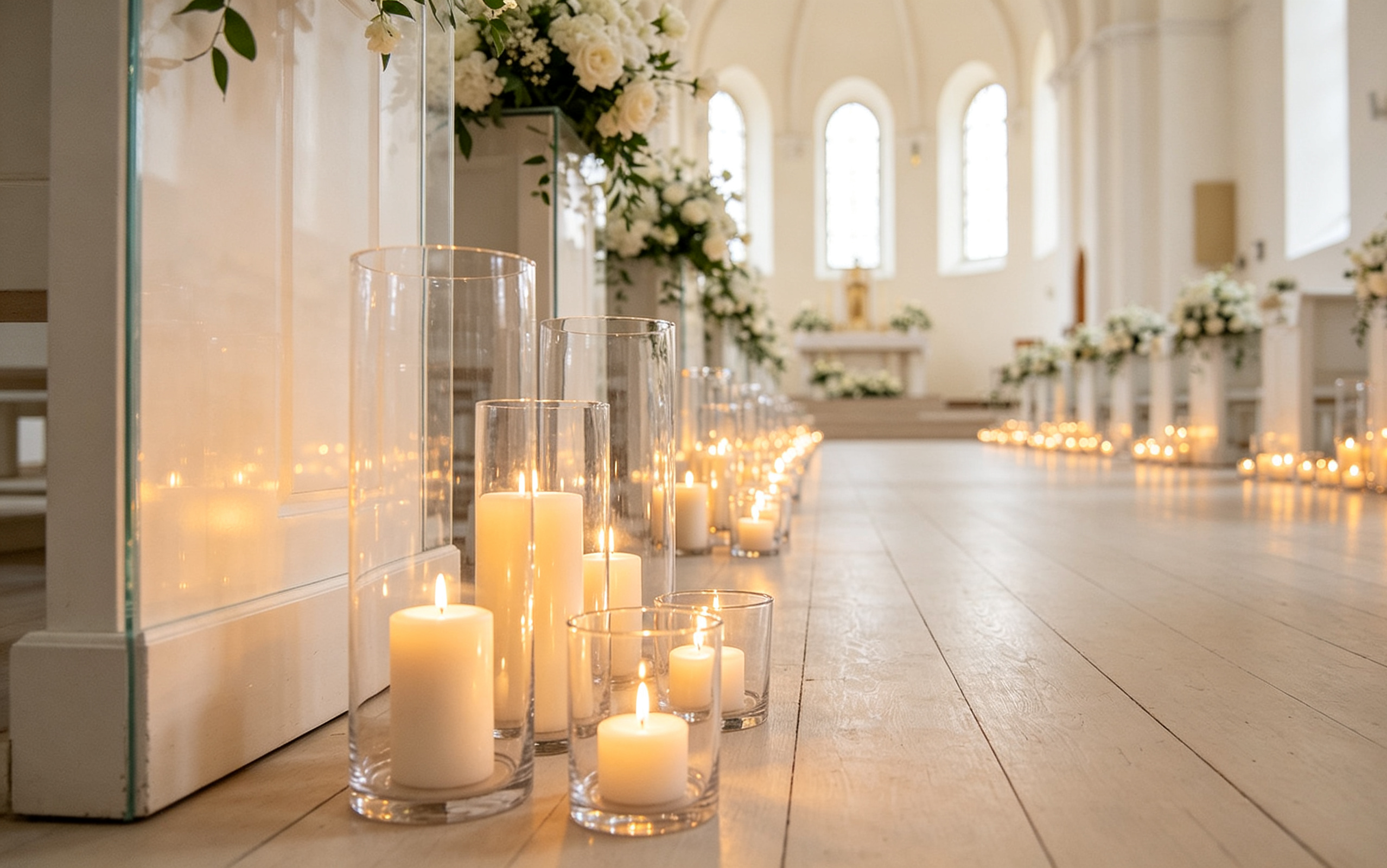 Custom glass candle holders used as wedding table centerpieces