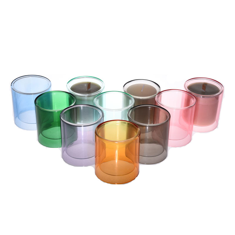 Colored double-wall glass candle cups with translucent painted finish