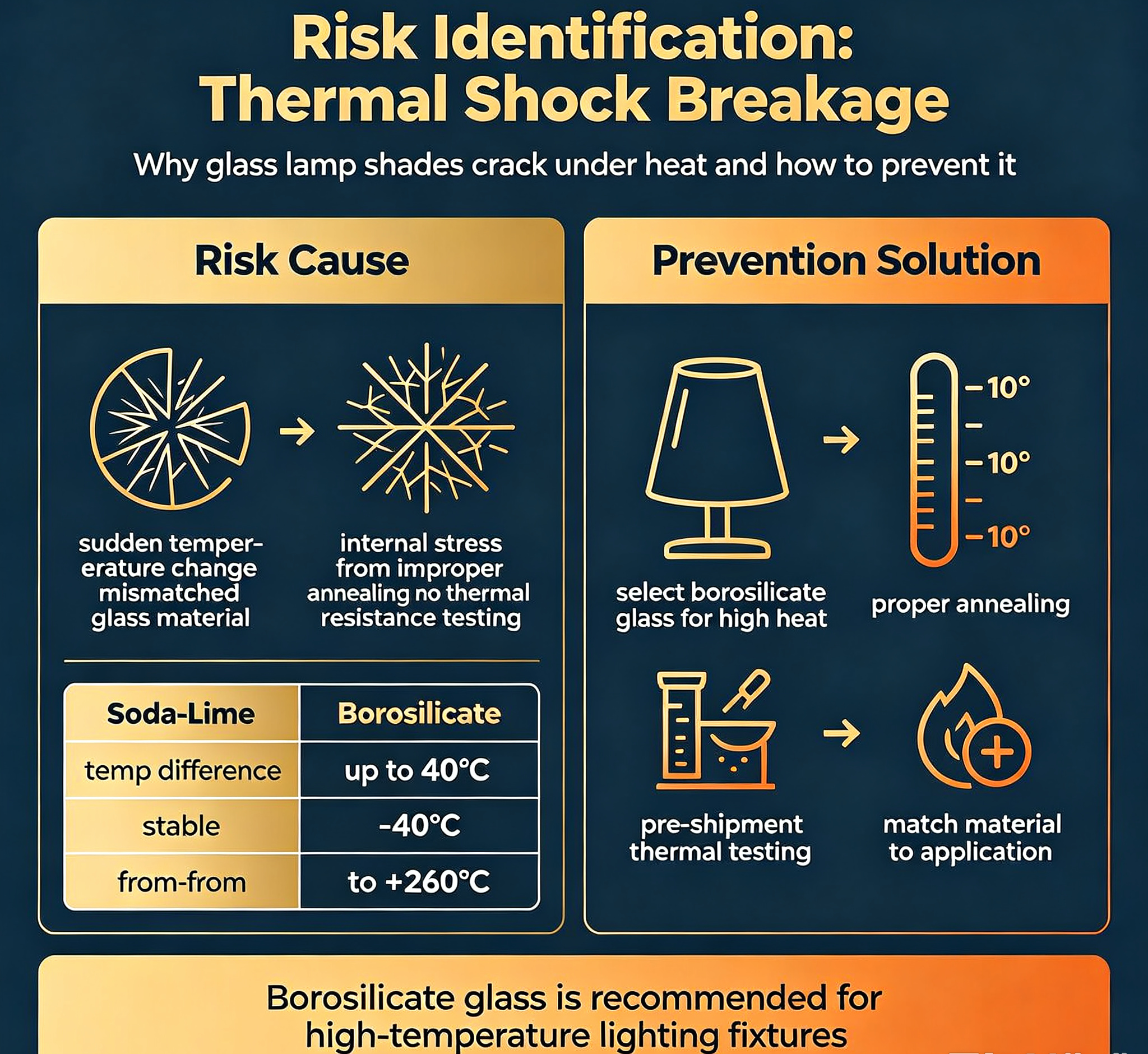 Diagram of glass thermal shock and breakage during lamp shade use