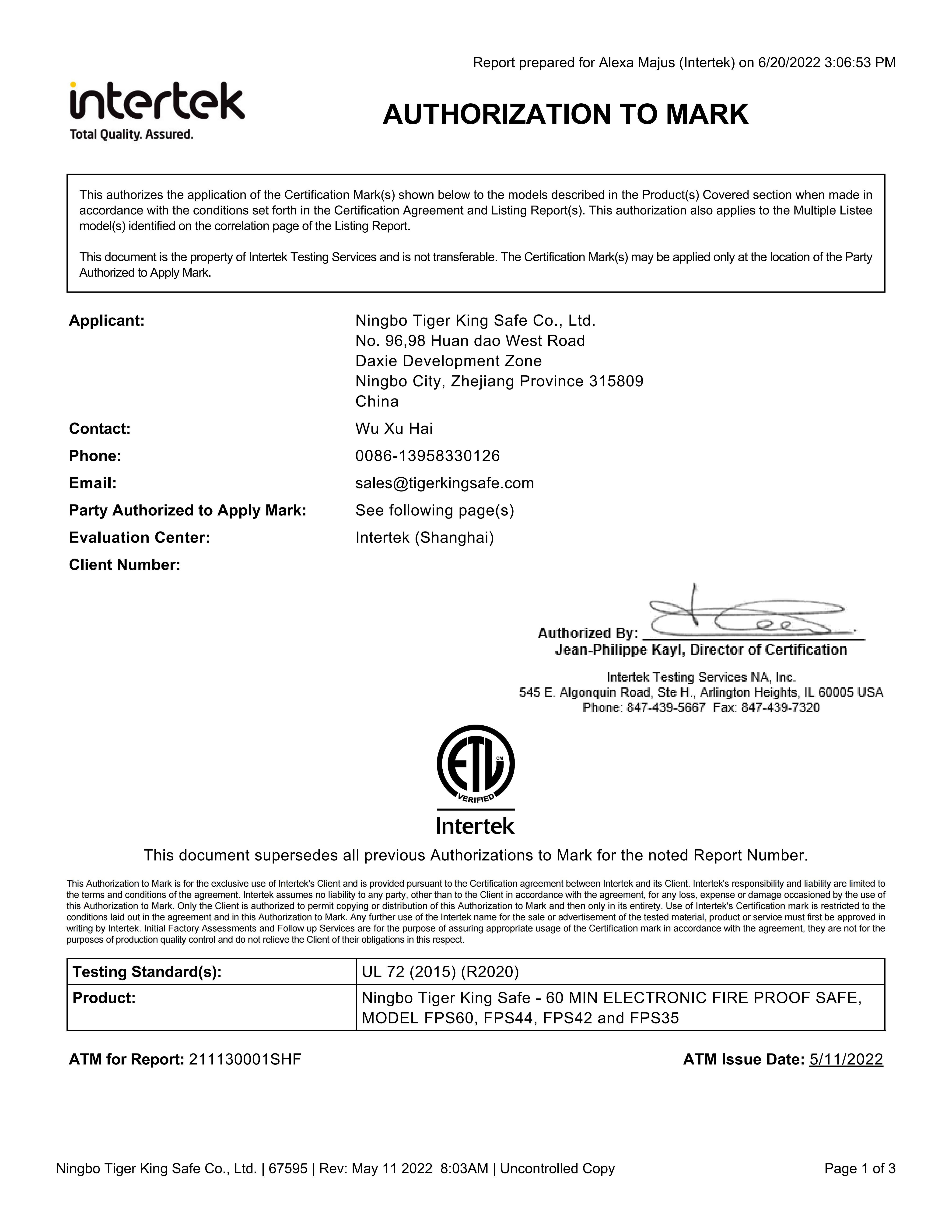 ETL Verified — 60 Min Electronic Fire Proof Safe