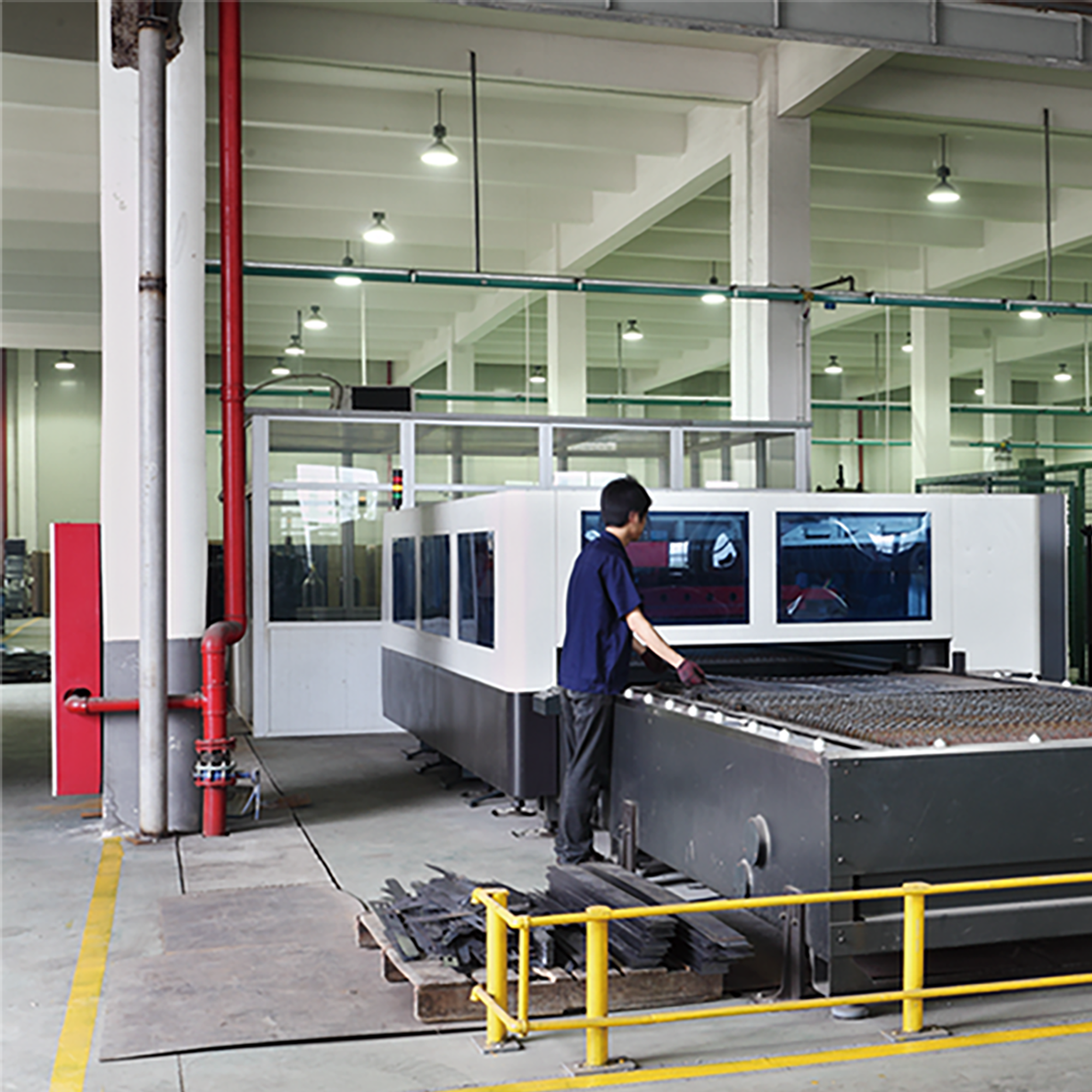 Safe manufacturing workshop with laser cutting and automated production lines