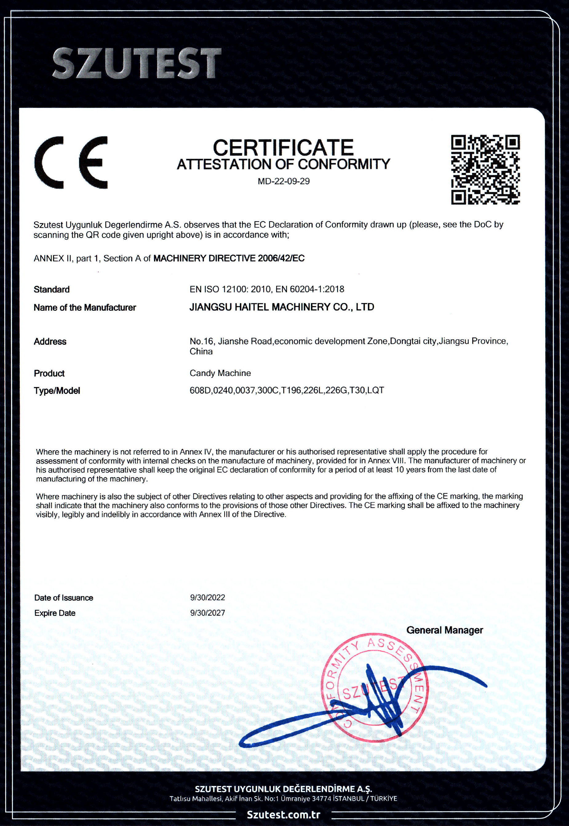 CE certificate MD-22-09-29 issued by SZUTEST to Jiangsu Haitel Machinery for candy machinery