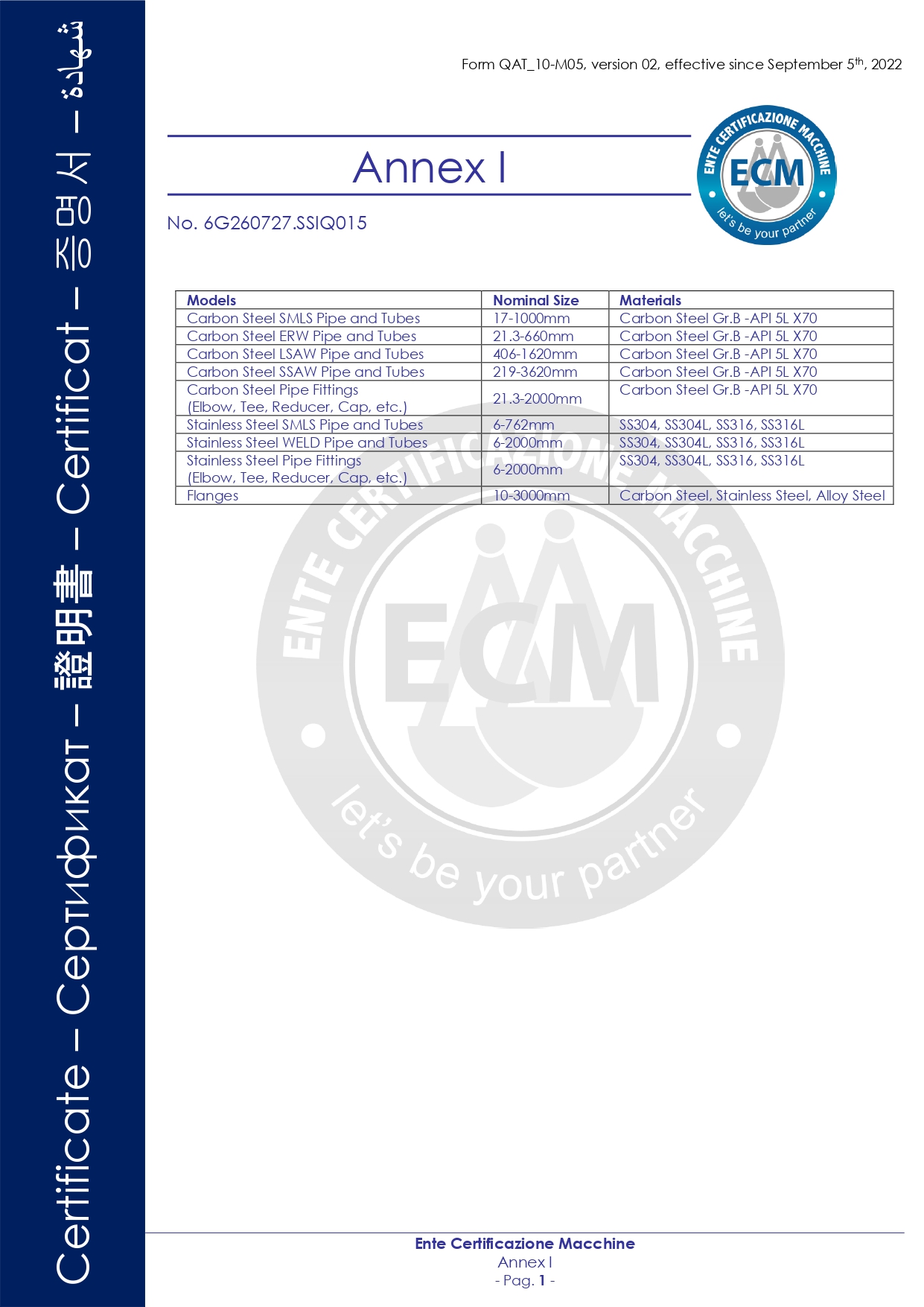 CE certificate 6G260727.SSIQ015 for steel pipes, fittings and flanges issued by Ente Certificazione Macchine