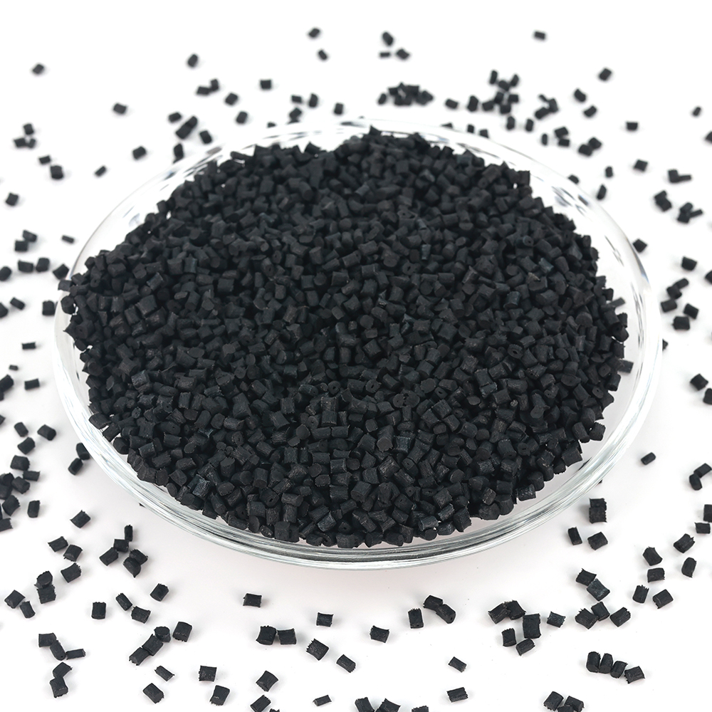 Representative CF-reinforced compound pellets, white-background view. Visual reference only; not a grade-specific test record.