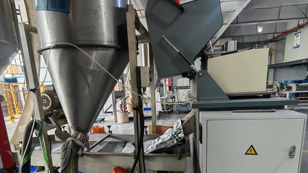 Pellet cutting stage after extrusion and cooling in the WanHan compounding process.