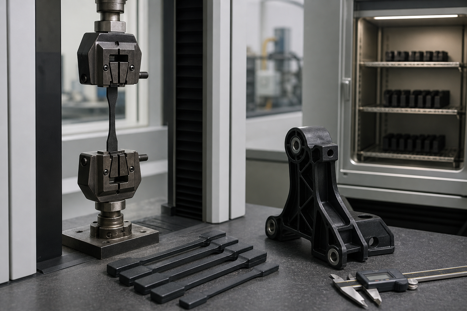 PA66 glass-fibre reinforced compound validation scene showing tensile testing, dimensional inspection and heat-aging checks