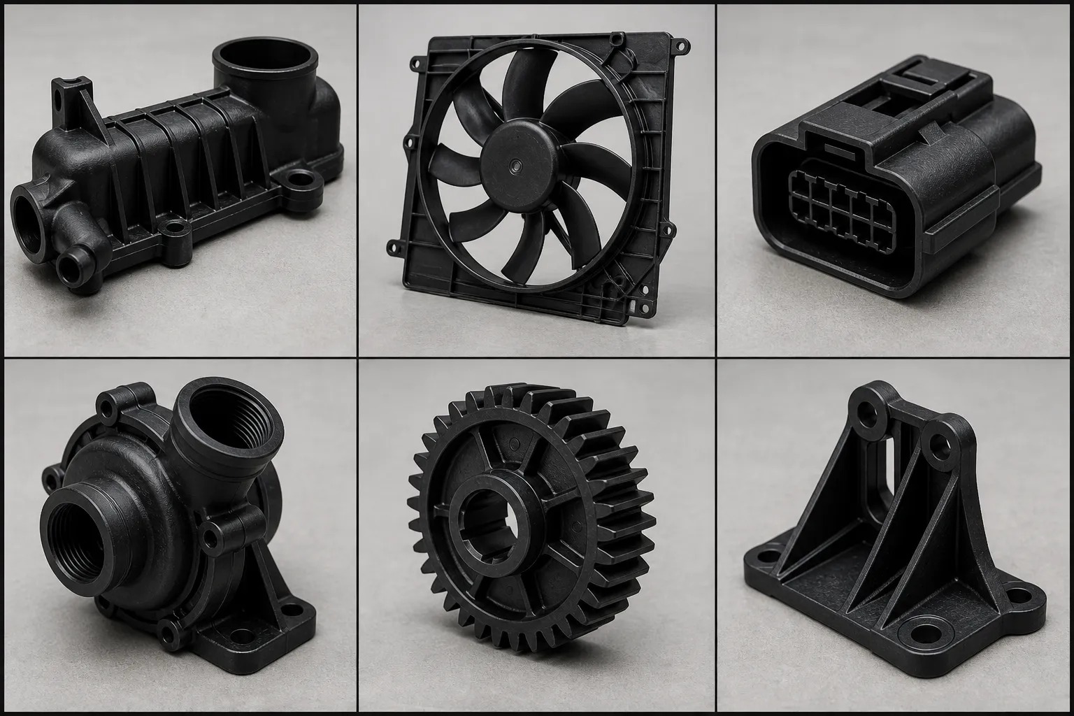 PA66 glass-fibre reinforced application examples including cooling-system housings, electrical connector bodies, pump housings, gears and structural brackets