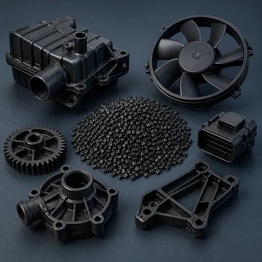 WanHan PA66-WHG30A glass-fibre-reinforced nylon 66 pellets shown with representative moulded components including a cooling fan, connector body, pump housing, gear and structural bracket
