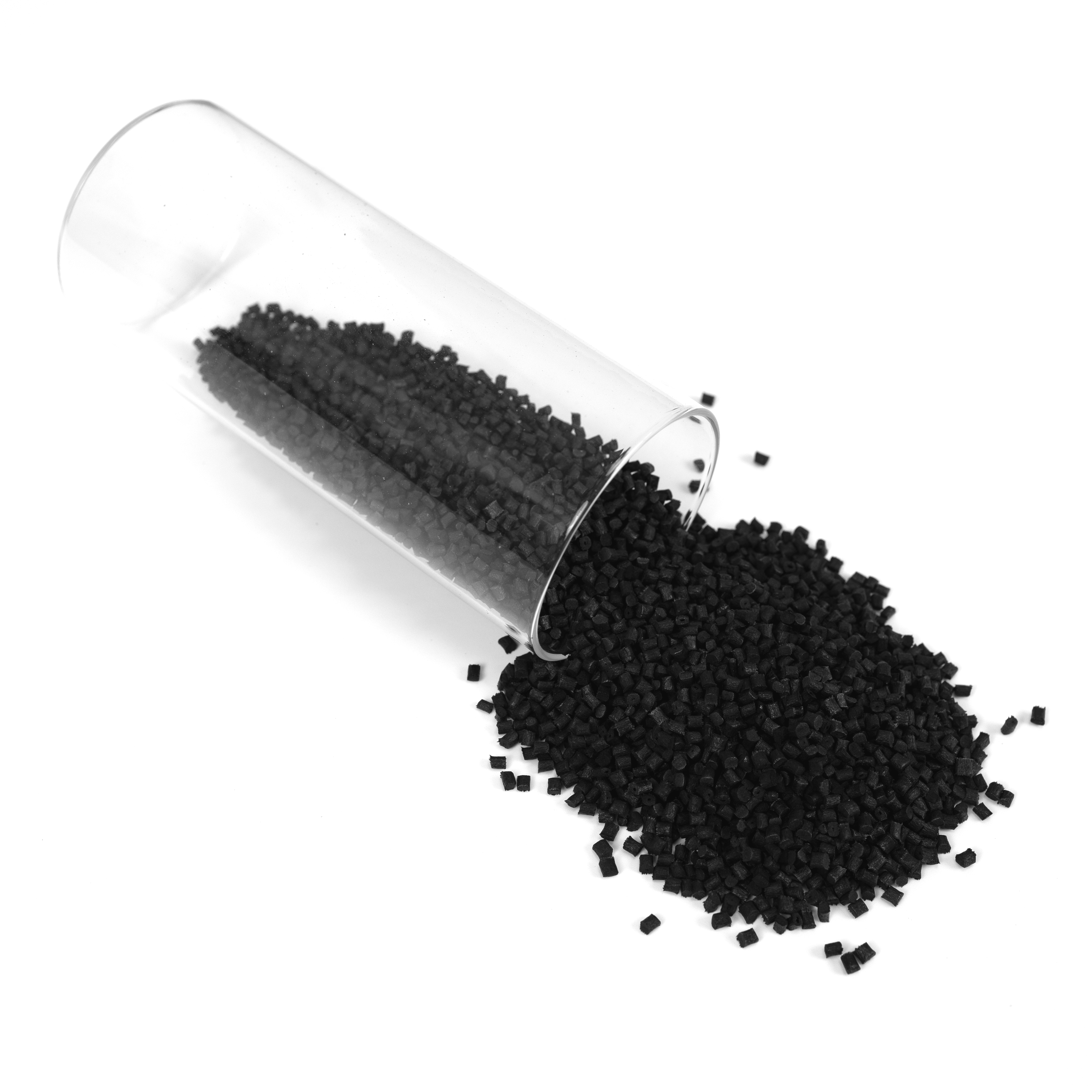 Poured view of black 30% carbon fiber reinforced PA6 compound pellets