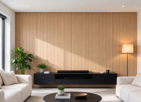 Installed decorative wall panels from a container-level supply project