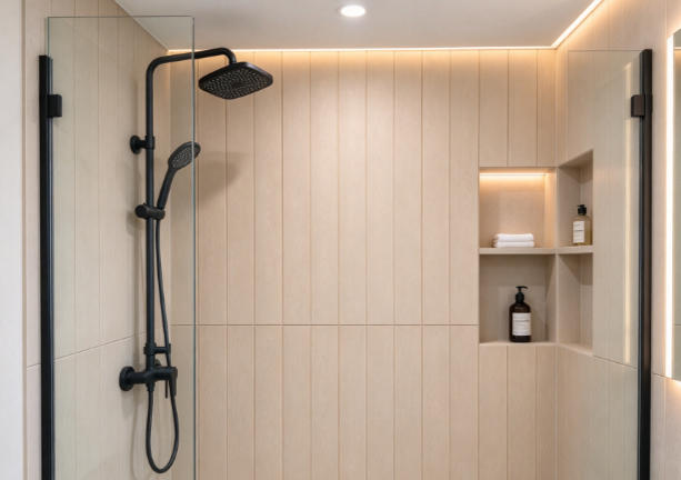 Decorative wall panels installed as an interior feature wall in a completed project