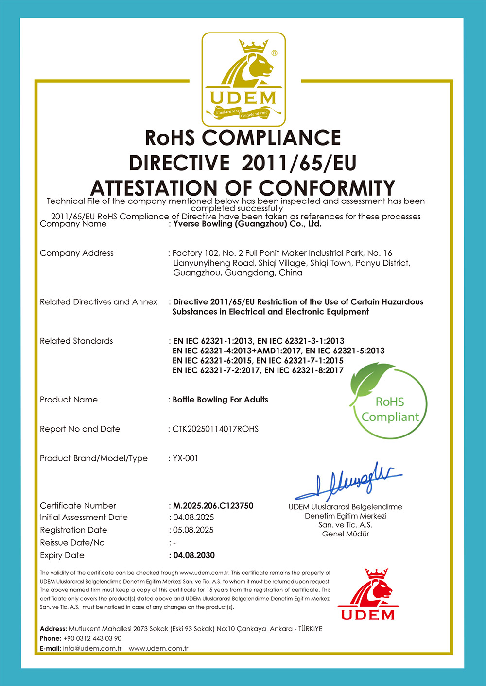 RoHS Compliance Directive 2011/65/EU Attestation of Conformit