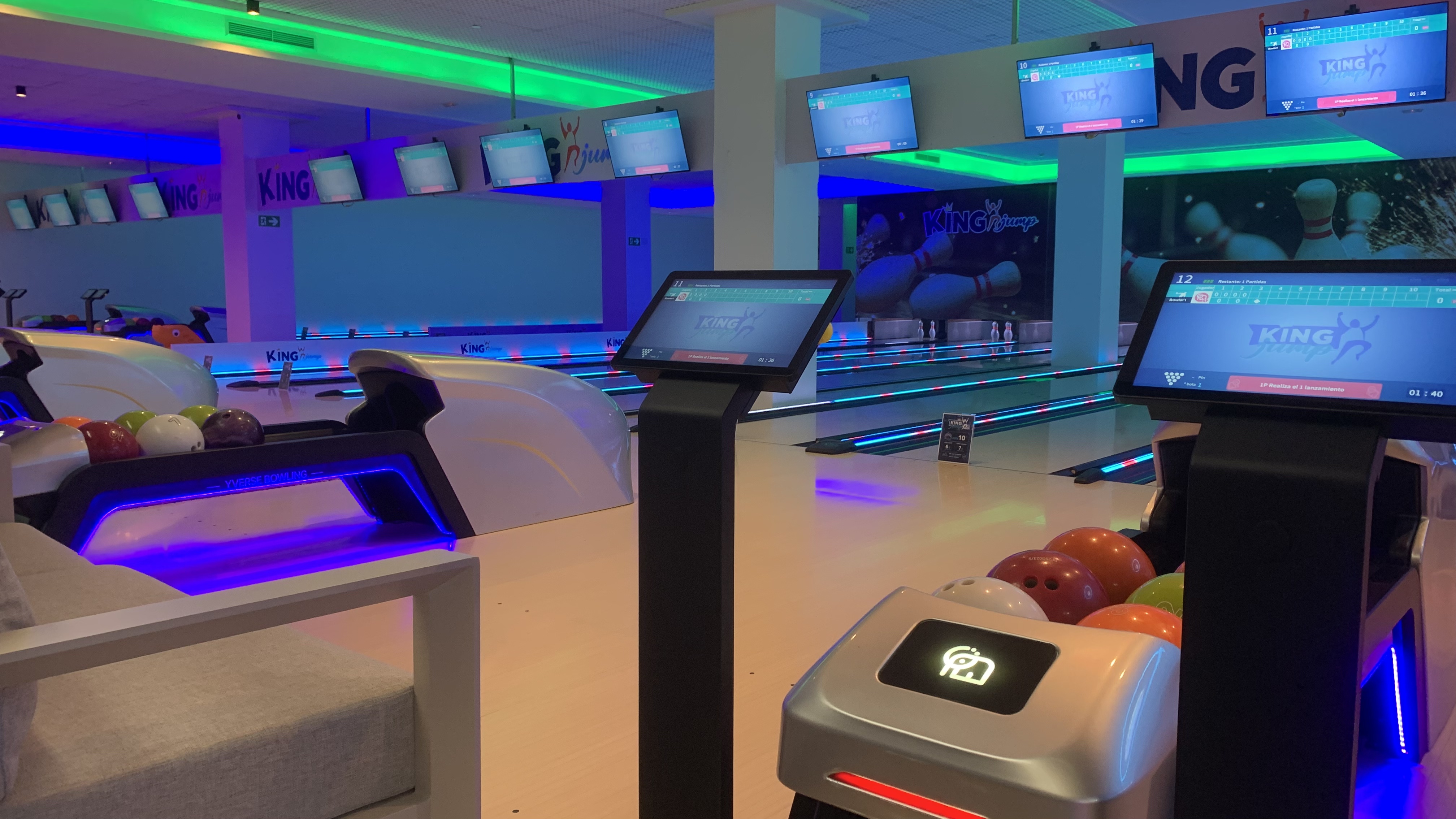 Twelve-lane standard bowling installation inside a family entertainment centre in Spain