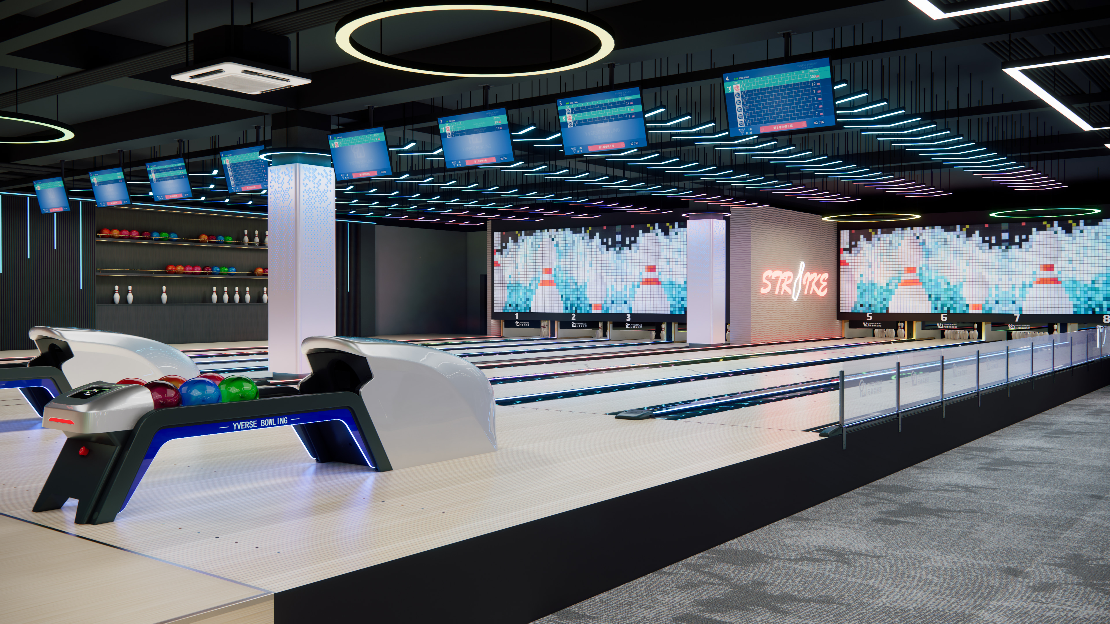 Commercial bowling center using standard bowling equipment with string pinsetters and automatic scoring