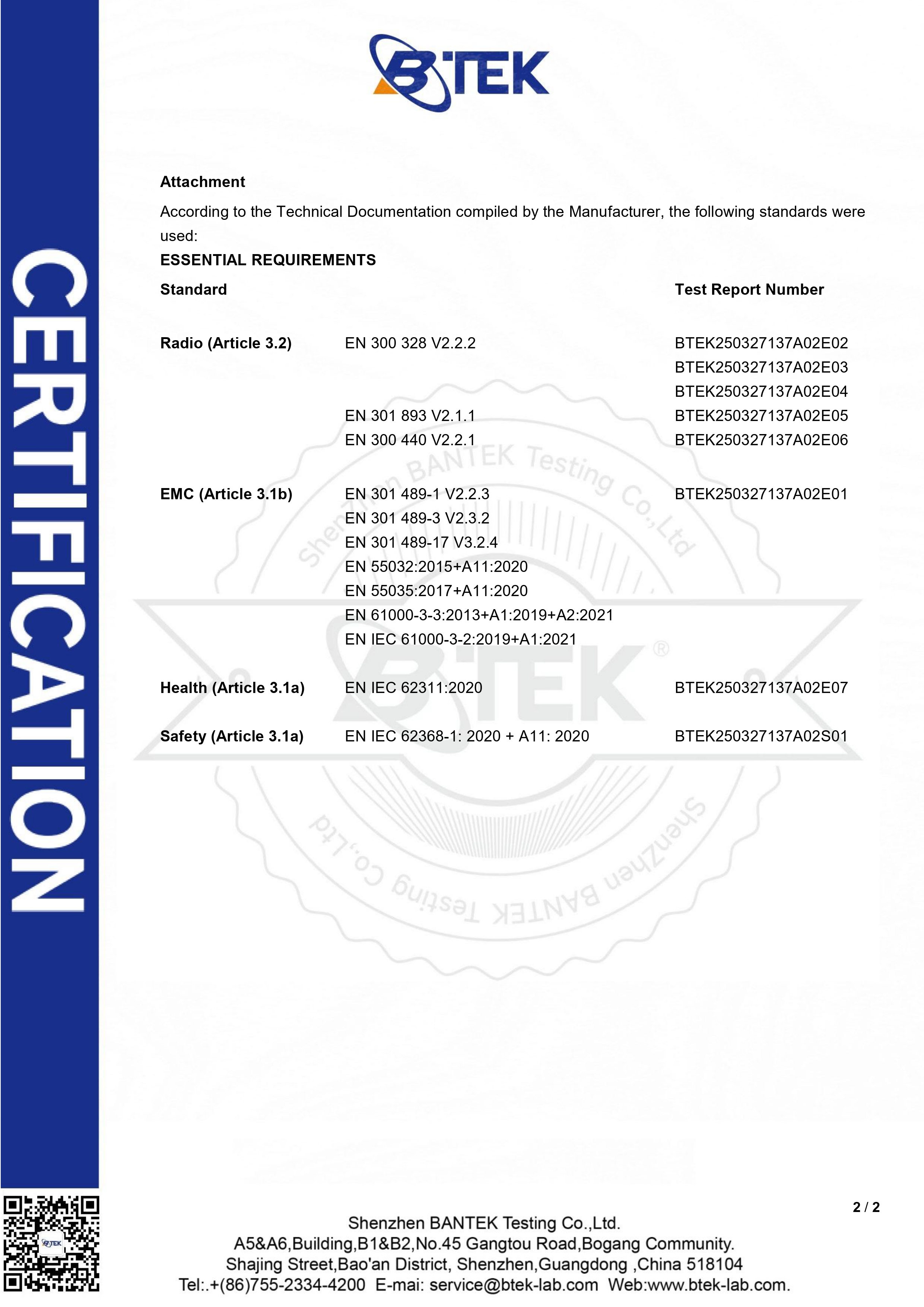 CERTIFICATE OF COMPLIANCE (RED 2014/53/EU)