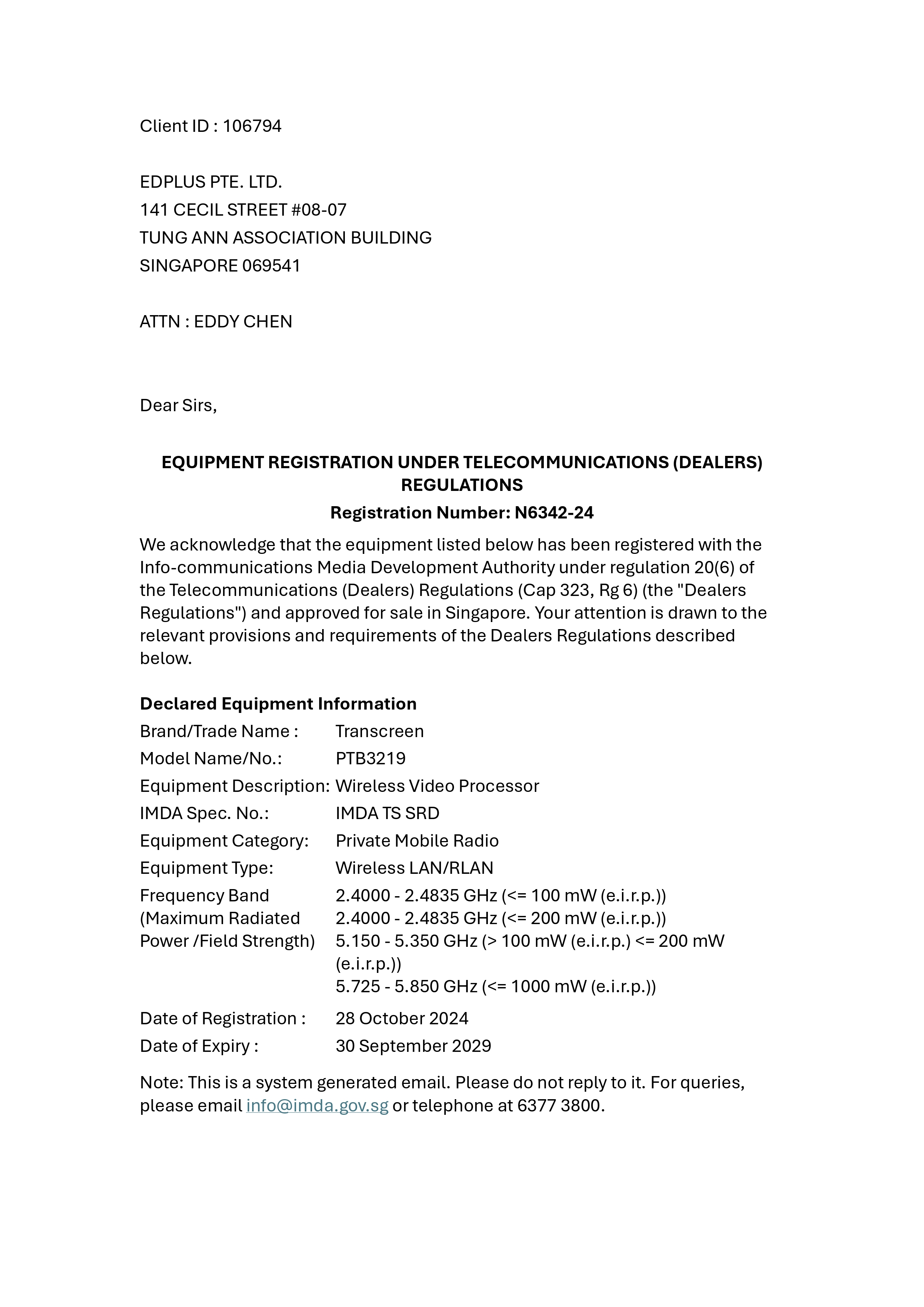 IMDA equipment registration certificate N6342-24 for the PTB3219 wireless video processor