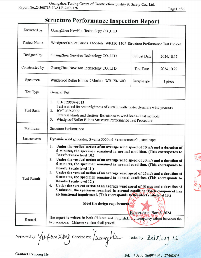 Wind Resistance Class 12 Test Report (WR120-140)