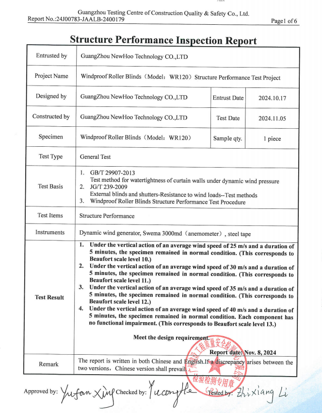 Wind resistance Class 12 structural test report for the WR120 windproof roller blind