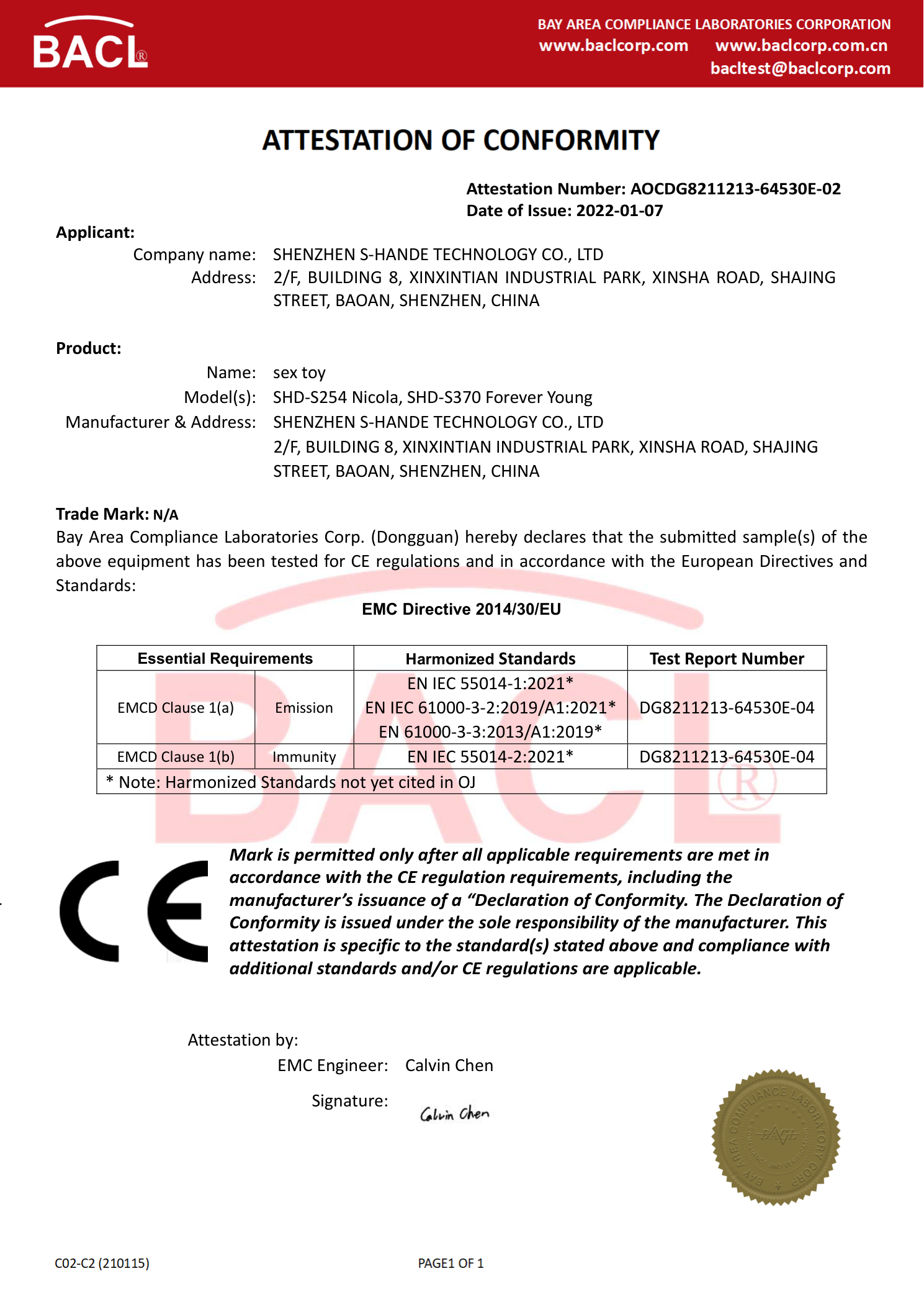 ATTESTATION OF CONFORMITY