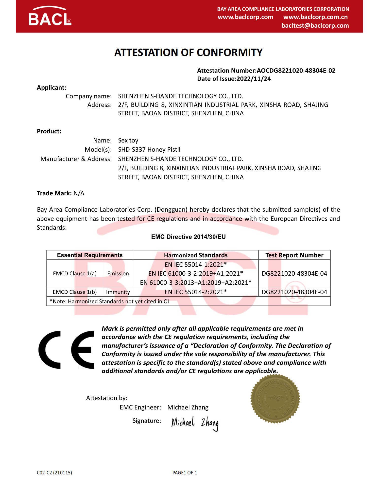 ATTESTATION OF CONFORMITY
