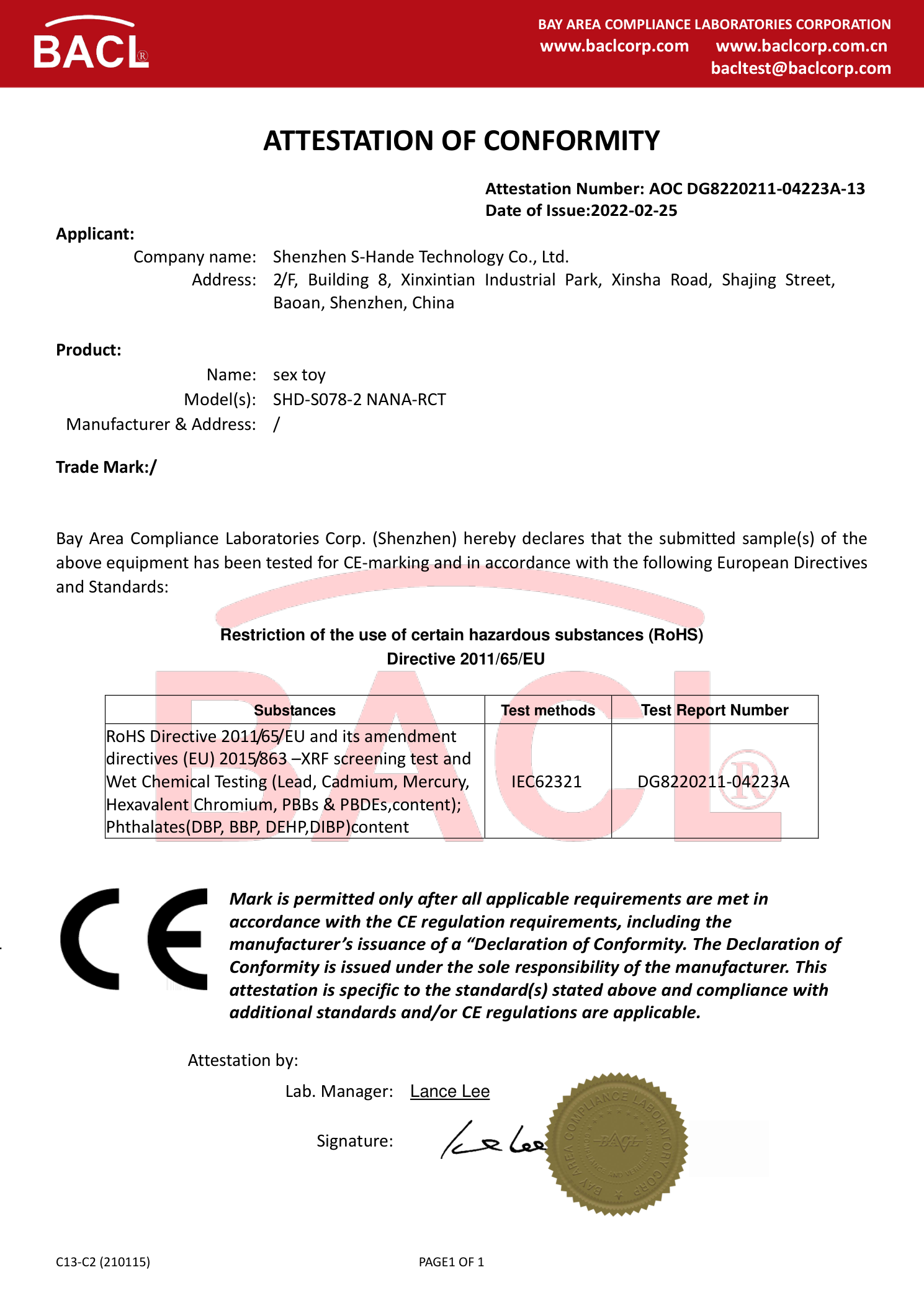 ATTESTATION OF CONFORMITY