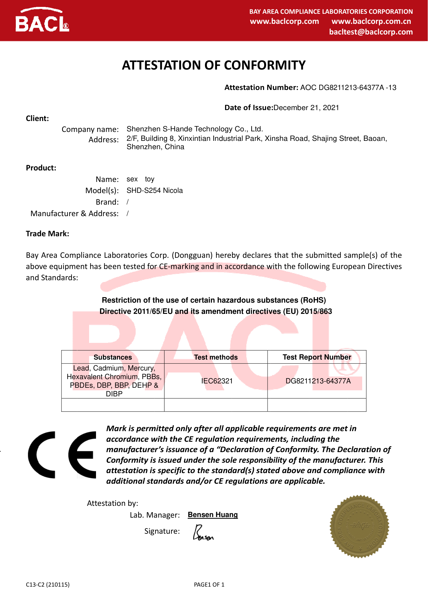 ATTESTATION OF CONFORMITY